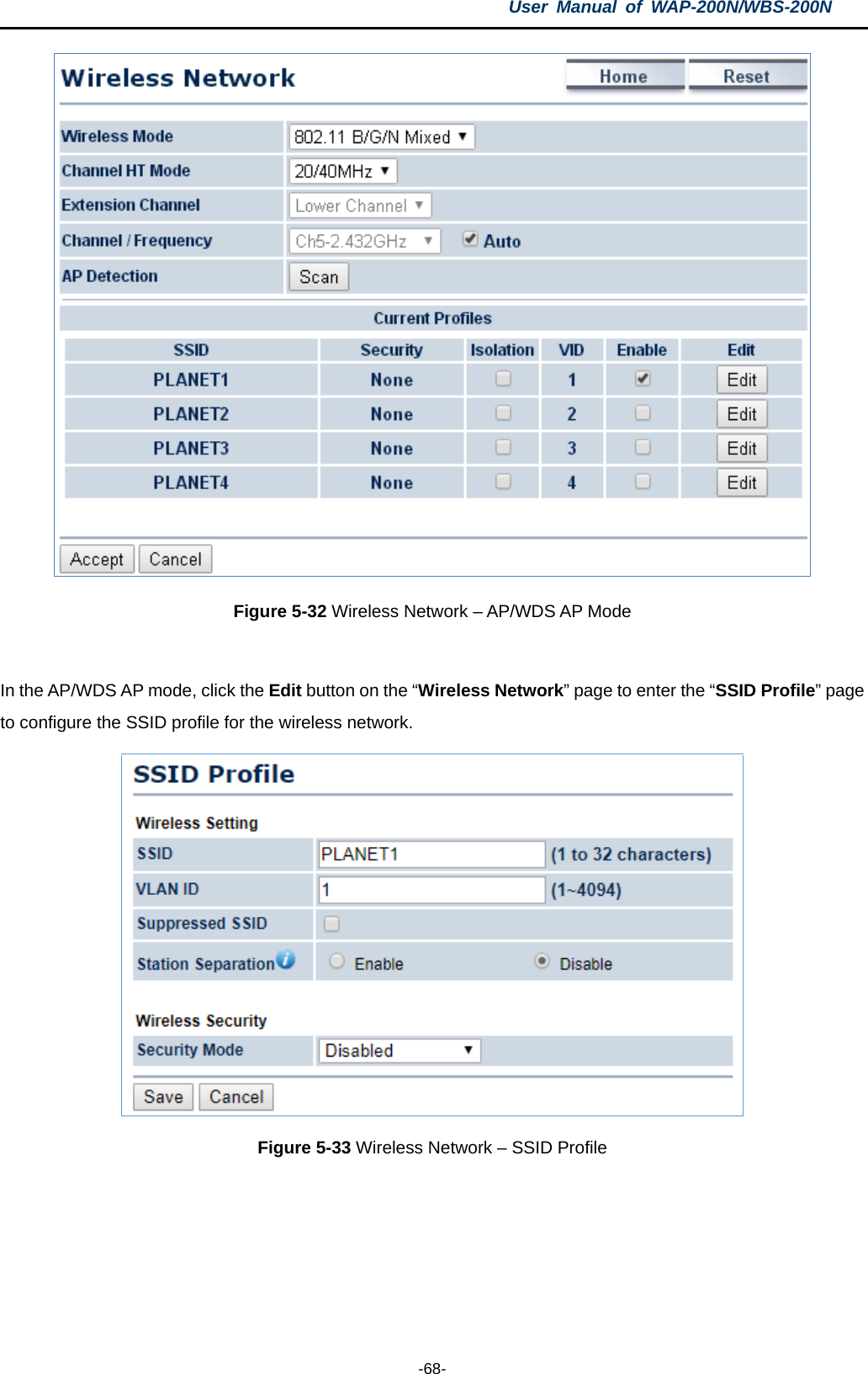 User  Manual of WAP-200N/WBS-200N  -68-  Figure 5-32 Wireless Network – AP/WDS AP Mode  In the AP/WDS AP mode, click the Edit button on the “Wireless Network” page to enter the “SSID Profile” page to configure the SSID profile for the wireless network.  Figure 5-33 Wireless Network – SSID Profile  