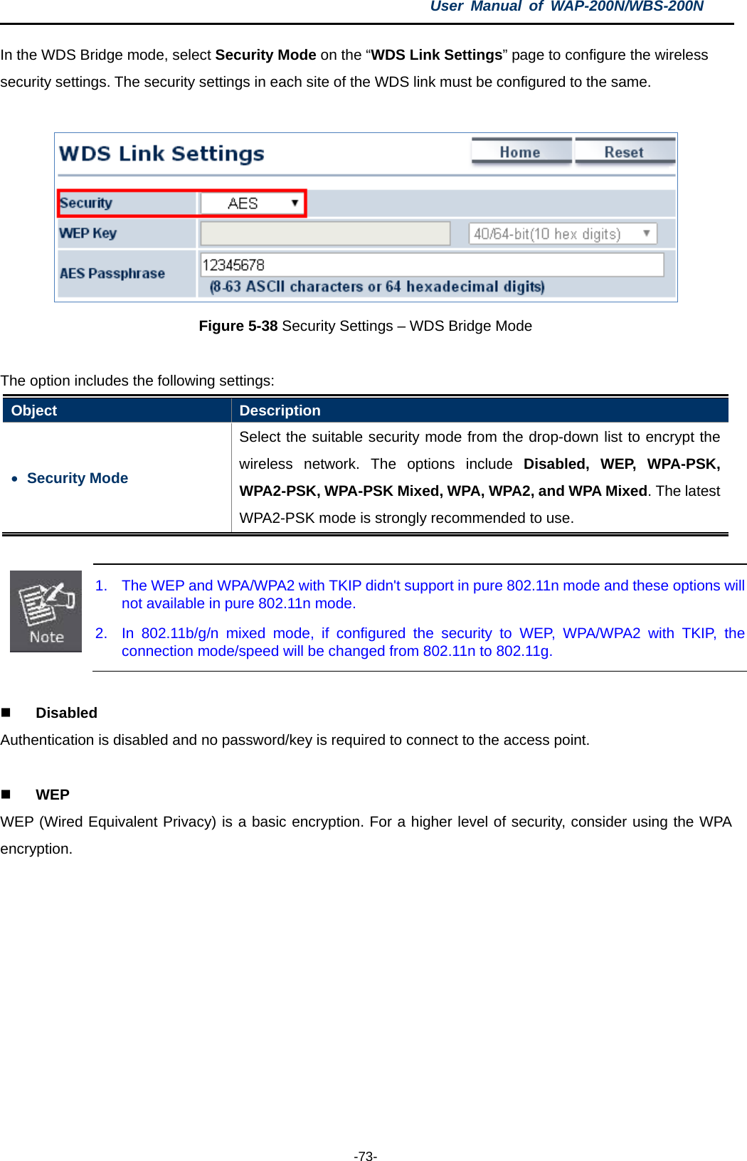 User  Manual of WAP-200N/WBS-200N  -73- In the WDS Bridge mode, select Security Mode on the “WDS Link Settings” page to configure the wireless security settings. The security settings in each site of the WDS link must be configured to the same.   Figure 5-38 Security Settings – WDS Bridge Mode  The option includes the following settings: Object  Description • Security Mode Select the suitable security mode from the drop-down list to encrypt the wireless network. The  options  include  Disabled, WEP, WPA-PSK, WPA2-PSK, WPA-PSK Mixed, WPA, WPA2, and WPA Mixed. The latest WPA2-PSK mode is strongly recommended to use.   1. The WEP and WPA/WPA2 with TKIP didn&apos;t support in pure 802.11n mode and these options will not available in pure 802.11n mode. 2. In 802.11b/g/n mixed mode, if configured the security to WEP, WPA/WPA2 with TKIP, the connection mode/speed will be changed from 802.11n to 802.11g.   Disabled Authentication is disabled and no password/key is required to connect to the access point.   WEP WEP (Wired Equivalent Privacy) is a basic encryption. For a higher level of security, consider using the WPA encryption.   