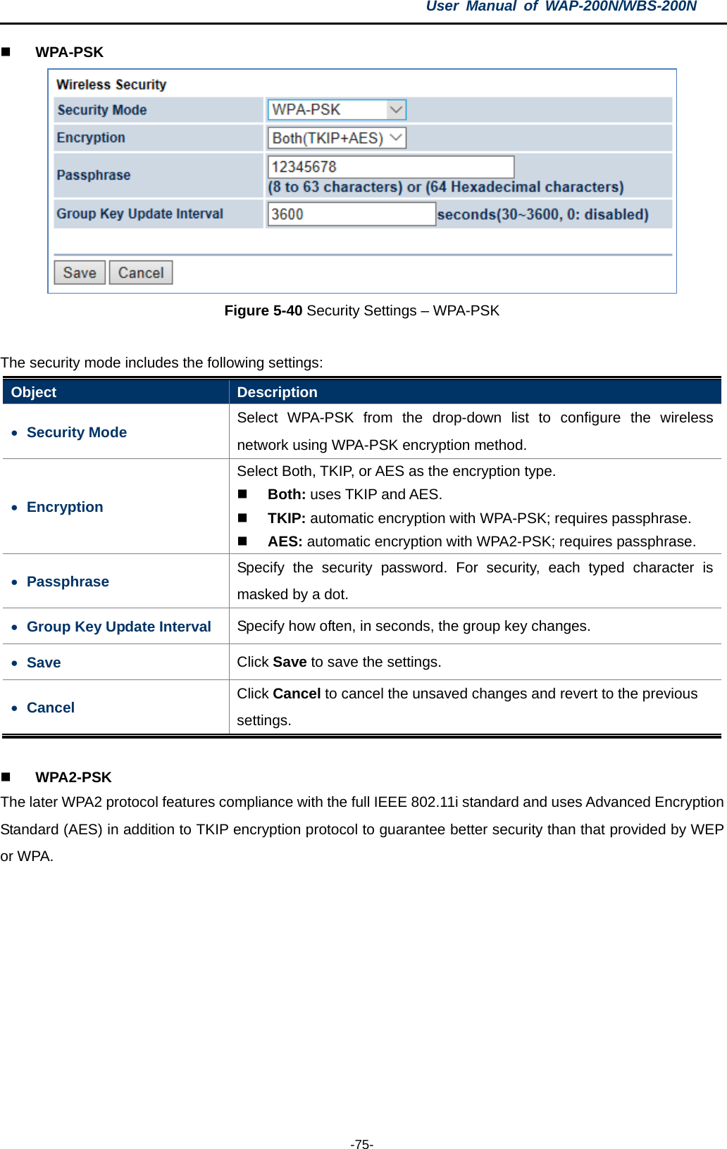 User  Manual of WAP-200N/WBS-200N  -75-  WPA-PSK  Figure 5-40 Security Settings – WPA-PSK  The security mode includes the following settings: Object  Description • Security Mode Select WPA-PSK from the drop-down list to configure the wireless network using WPA-PSK encryption method. • Encryption Select Both, TKIP, or AES as the encryption type.  Both: uses TKIP and AES.  TKIP: automatic encryption with WPA-PSK; requires passphrase.  AES: automatic encryption with WPA2-PSK; requires passphrase. • Passphrase Specify the security password. For security, each typed character is masked by a dot. • Group Key Update Interval Specify how often, in seconds, the group key changes. • Save Click Save to save the settings. • Cancel Click Cancel to cancel the unsaved changes and revert to the previous settings.   WPA2-PSK The later WPA2 protocol features compliance with the full IEEE 802.11i standard and uses Advanced Encryption Standard (AES) in addition to TKIP encryption protocol to guarantee better security than that provided by WEP or WPA.  