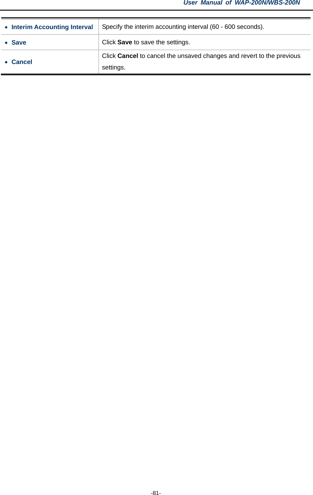 User  Manual of WAP-200N/WBS-200N  -81- • Interim Accounting Interval Specify the interim accounting interval (60 - 600 seconds). • Save Click Save to save the settings. • Cancel Click Cancel to cancel the unsaved changes and revert to the previous settings.  