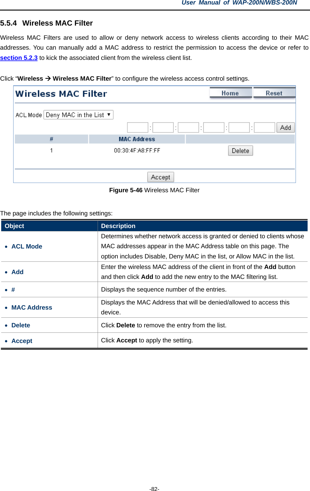 User  Manual of WAP-200N/WBS-200N  -82- 5.5.4 Wireless MAC Filter Wireless MAC Filters are used to allow or deny network access to wireless clients according to their MAC addresses. You can manually add a MAC address to restrict the permission to access the device or refer to section 5.2.3 to kick the associated client from the wireless client list.  Click “Wireless  Wireless MAC Filter” to configure the wireless access control settings.    Figure 5-46 Wireless MAC Filter  The page includes the following settings: Object  Description • ACL Mode Determines whether network access is granted or denied to clients whose MAC addresses appear in the MAC Address table on this page. The option includes Disable, Deny MAC in the list, or Allow MAC in the list. • Add  Enter the wireless MAC address of the client in front of the Add button and then click Add to add the new entry to the MAC filtering list. • #  Displays the sequence number of the entries. • MAC Address Displays the MAC Address that will be denied/allowed to access this device. • Delete Click Delete to remove the entry from the list. • Accept Click Accept to apply the setting.  