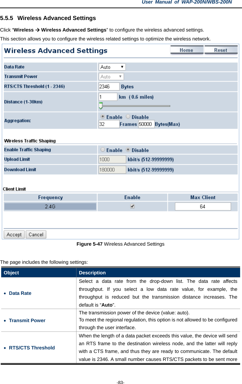 User  Manual of WAP-200N/WBS-200N  -83- 5.5.5 Wireless Advanced Settings Click “Wireless  Wireless Advanced Settings” to configure the wireless advanced settings.   This section allows you to configure the wireless related settings to optimize the wireless network.  Figure 5-47 Wireless Advanced Settings  The page includes the following settings: Object  Description • Data Rate Select a data rate from the drop-down list. The data rate affects throughput. If you select a low data rate value, for example, the throughput is reduced but the transmission distance increases.  The default is “Auto”. • Transmit Power The transmission power of the device (value: auto).   To meet the regional regulation, this option is not allowed to be configured through the user interface. • RTS/CTS Threshold When the length of a data packet exceeds this value, the device will send an RTS frame to the destination wireless node, and the latter will reply with a CTS frame, and thus they are ready to communicate. The default value is 2346. A small number causes RTS/CTS packets to be sent more 