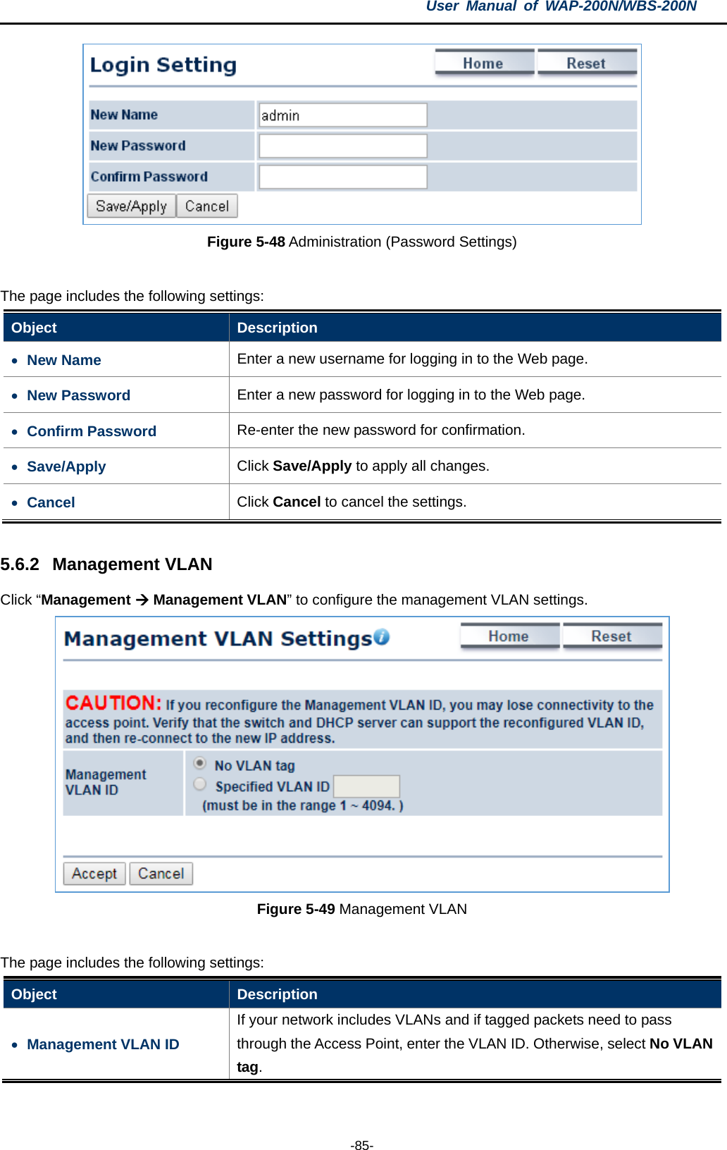 User  Manual of WAP-200N/WBS-200N  -85-  Figure 5-48 Administration (Password Settings)  The page includes the following settings: Object  Description • New Name Enter a new username for logging in to the Web page. • New Password Enter a new password for logging in to the Web page. • Confirm Password Re-enter the new password for confirmation. • Save/Apply Click Save/Apply to apply all changes. • Cancel Click Cancel to cancel the settings.  5.6.2 Management VLAN Click “Management  Management VLAN” to configure the management VLAN settings.  Figure 5-49 Management VLAN  The page includes the following settings: Object  Description • Management VLAN ID If your network includes VLANs and if tagged packets need to pass through the Access Point, enter the VLAN ID. Otherwise, select No VLAN tag. 