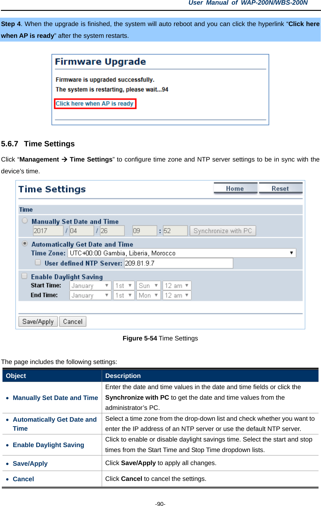 User  Manual of WAP-200N/WBS-200N  -90- Step 4. When the upgrade is finished, the system will auto reboot and you can click the hyperlink “Click here when AP is ready” after the system restarts.    5.6.7 Time Settings Click “Management  Time Settings” to configure time zone and NTP server settings to be in sync with the device’s time.  Figure 5-54 Time Settings  The page includes the following settings: Object  Description • Manually Set Date and Time Enter the date and time values in the date and time fields or click the Synchronize with PC to get the date and time values from the administrator’s PC. • Automatically Get Date and Time Select a time zone from the drop-down list and check whether you want to enter the IP address of an NTP server or use the default NTP server. • Enable Daylight Saving Click to enable or disable daylight savings time. Select the start and stop times from the Start Time and Stop Time dropdown lists. • Save/Apply Click Save/Apply to apply all changes. • Cancel Click Cancel to cancel the settings. 