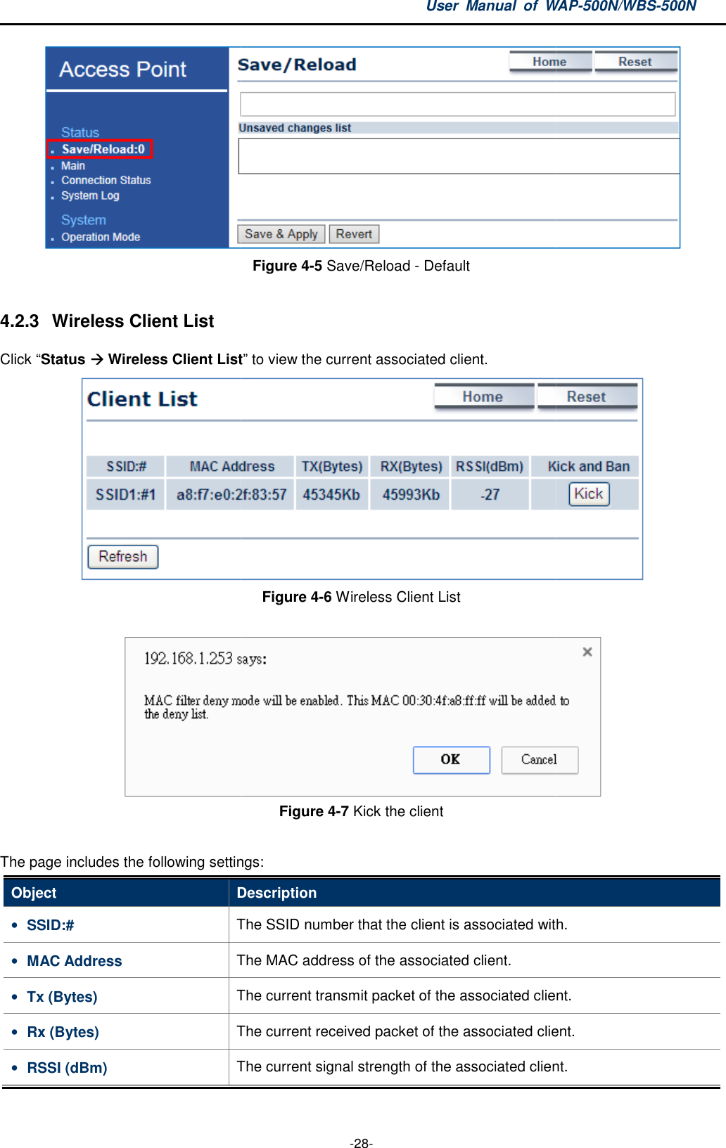  4.2.3  Wireless Client List Click “Status  Wireless Client ListThe page includes the following settingsObject Description• SSID:# The SSID number that the client• MAC Address The MAC • Tx (Bytes) The current transmit packet of the associated client.• Rx (Bytes) The current received packet of the associated • RSSI (dBm) The current signal strength of the associated client.User  Manual  of WAP -28- Figure 4-5 Save/Reload - Default Wireless Client List” to view the current associated client. Figure 4-6 Wireless Client List  Figure 4-7 Kick the client  The page includes the following settings: Description The SSID number that the client is associated withThe MAC address of the associated client. The current transmit packet of the associated client.The current received packet of the associated client.The current signal strength of the associated client.WAP-500N/WBS-500N    with. The current transmit packet of the associated client. client. The current signal strength of the associated client. 