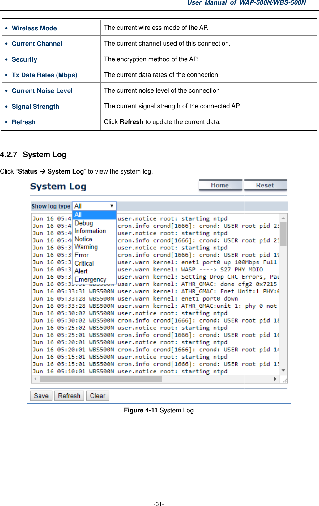 • Wireless Mode The • Current Channel The • Security The encryption method of the AP.• Tx Data Rates (Mbps) The current data rates of the connection.• Current Noise Level The current noise level • Signal Strength The current signal strength of the • Refresh Click  4.2.7  System Log Click “Status  System Log” to view the User  Manual  of WAP -31- The current wireless mode of the AP. The current channel used of this connection. The encryption method of the AP. The current data rates of the connection. The current noise level of the connection The current signal strength of the connected AP. Click Refresh to update the current data. to view the system log. Figure 4-11 System Log WAP-500N/WBS-500N   