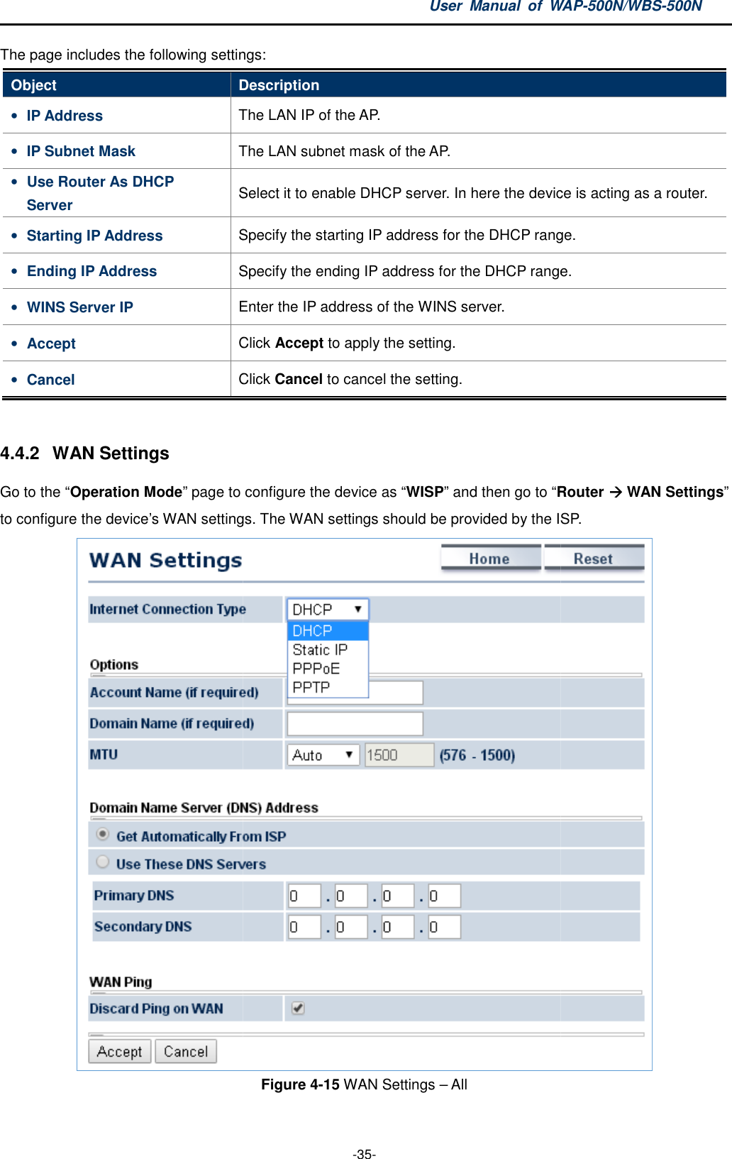 The page includes the following settingsObject Description• IP Address The • IP Subnet Mask The • Use Router As DHCP Server Select • Starting IP Address Specify the starting IP address for• Ending IP Address Specify the • WINS Server IP Enter the IP address of the WINS server.• Accept Click • Cancel Click  4.4.2  WAN Settings Go to the “Operation Mode” page to configure the device as to configure the device’s WAN settings.User  Manual  of WAP -35- The page includes the following settings: Description The LAN IP of the AP. The LAN subnet mask of the AP. Select it to enable DHCP server. In here the device is acting as a router.Specify the starting IP address for the DHCP range.Specify the ending IP address for the DHCP range.Enter the IP address of the WINS server. Click Accept to apply the setting. Click Cancel to cancel the setting. page to configure the device as “WISP” and then go to “Routerto configure the device’s WAN settings. The WAN settings should be provided by the ISPFigure 4-15 WAN Settings – All  WAP-500N/WBS-500N In here the device is acting as a router. DHCP range. DHCP range. Router  WAN Settings” the ISP.  