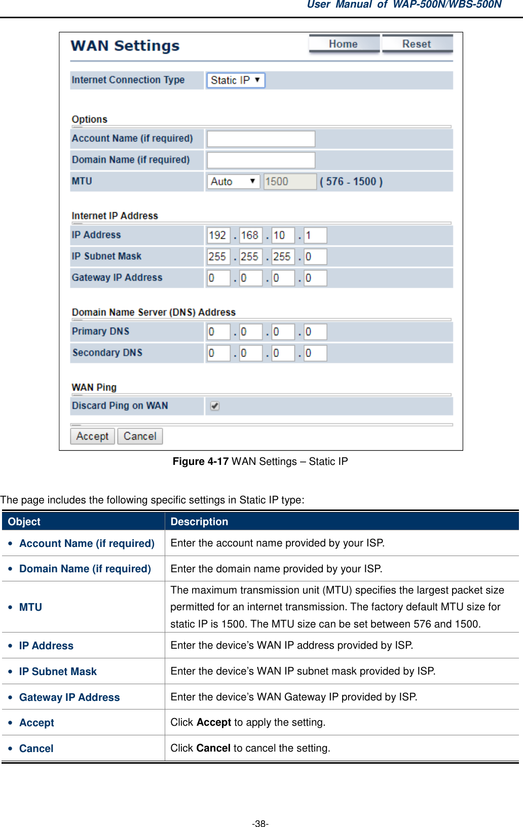 User  Manual  of  WAP-500N/WBS-500N  -38-  Figure 4-17 WAN Settings – Static IP  The page includes the following specific settings in Static IP type: Object  Description • Account Name (if required)  Enter the account name provided by your ISP. • Domain Name (if required)  Enter the domain name provided by your ISP. • MTU The maximum transmission unit (MTU) specifies the largest packet size permitted for an internet transmission. The factory default MTU size for static IP is 1500. The MTU size can be set between 576 and 1500. • IP Address  Enter the device’s WAN IP address provided by ISP. • IP Subnet Mask  Enter the device’s WAN IP subnet mask provided by ISP. • Gateway IP Address  Enter the device’s WAN Gateway IP provided by ISP. • Accept  Click Accept to apply the setting. • Cancel  Click Cancel to cancel the setting.  