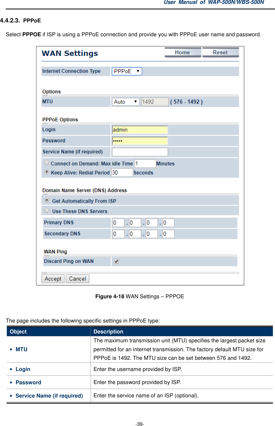 User  Manual  of  WAP-500N/WBS-500N  -39- 4.4.2.3. PPPoE Select PPPOE if ISP is using a PPPoE connection and provide you with PPPoE user name and password.  Figure 4-18 WAN Settings – PPPOE  The page includes the following specific settings in PPPoE type: Object  Description • MTU The maximum transmission unit (MTU) specifies the largest packet size permitted for an internet transmission. The factory default MTU size for PPPoE is 1492. The MTU size can be set between 576 and 1492. • Login    Enter the username provided by ISP. • Password  Enter the password provided by ISP. • Service Name (if required)  Enter the service name of an ISP (optional). 