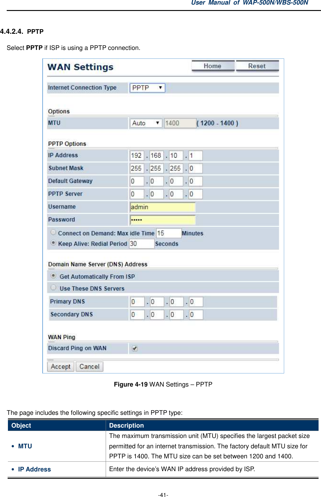 User  Manual  of  WAP-500N/WBS-500N  -41- 4.4.2.4. PPTP Select PPTP if ISP is using a PPTP connection.  Figure 4-19 WAN Settings – PPTP  The page includes the following specific settings in PPTP type: Object  Description • MTU The maximum transmission unit (MTU) specifies the largest packet size permitted for an internet transmission. The factory default MTU size for PPTP is 1400. The MTU size can be set between 1200 and 1400. • IP Address  Enter the device’s WAN IP address provided by ISP. 