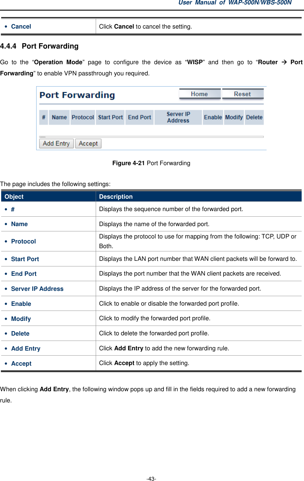 User  Manual  of  WAP-500N/WBS-500N  -43- • Cancel  Click Cancel to cancel the setting. 4.4.4  Port Forwarding Go  to  the  “Operation  Mode”  page  to  configure  the  device  as  “WISP”  and  then  go  to  “Router    Port Forwarding” to enable VPN passthrough you required.  Figure 4-21 Port Forwarding  The page includes the following settings: Object  Description • #  Displays the sequence number of the forwarded port. • Name  Displays the name of the forwarded port. • Protocol  Displays the protocol to use for mapping from the following: TCP, UDP or Both. • Start Port  Displays the LAN port number that WAN client packets will be forward to. • End Port  Displays the port number that the WAN client packets are received. • Server IP Address  Displays the IP address of the server for the forwarded port. • Enable  Click to enable or disable the forwarded port profile. • Modify  Click to modify the forwarded port profile. • Delete  Click to delete the forwarded port profile. • Add Entry  Click Add Entry to add the new forwarding rule. • Accept  Click Accept to apply the setting.  When clicking Add Entry, the following window pops up and fill in the fields required to add a new forwarding rule. 