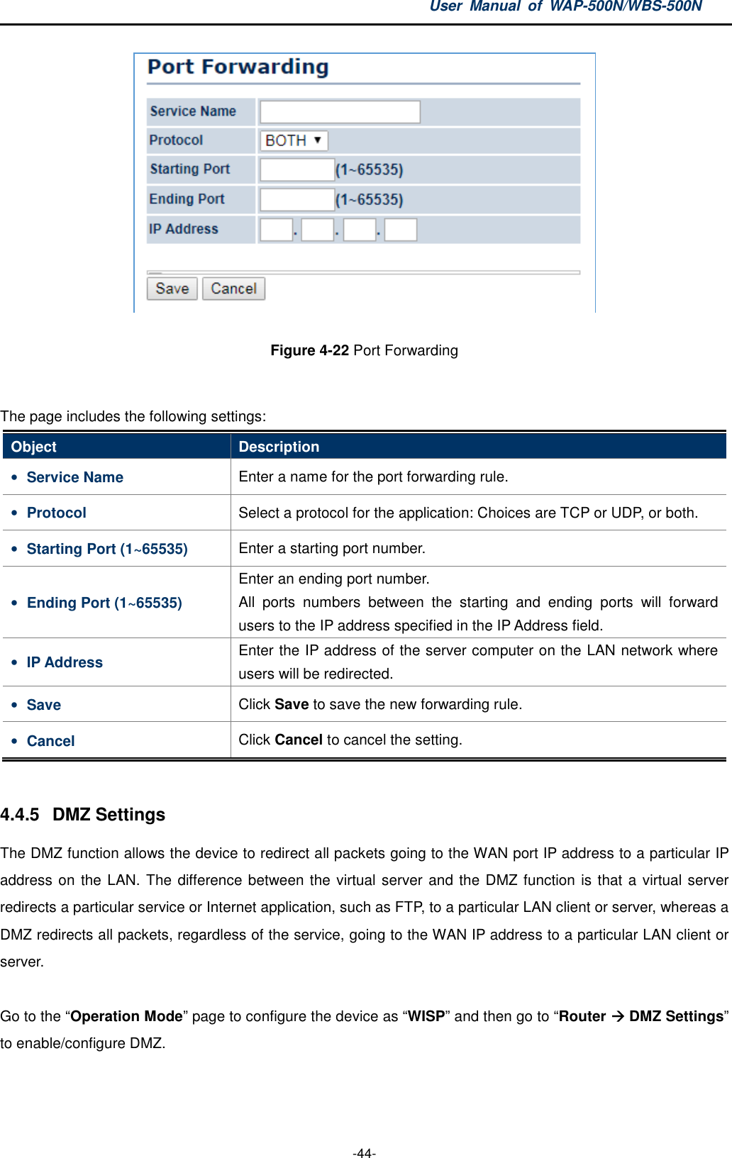 User  Manual  of  WAP-500N/WBS-500N  -44-  Figure 4-22 Port Forwarding  The page includes the following settings: Object  Description • Service Name  Enter a name for the port forwarding rule. • Protocol  Select a protocol for the application: Choices are TCP or UDP, or both. • Starting Port (1~65535)  Enter a starting port number. • Ending Port (1~65535) Enter an ending port number. All  ports  numbers  between  the  starting  and  ending  ports  will  forward users to the IP address specified in the IP Address field. • IP Address  Enter the IP address of the server computer on the LAN network where users will be redirected. • Save  Click Save to save the new forwarding rule. • Cancel  Click Cancel to cancel the setting.  4.4.5  DMZ Settings The DMZ function allows the device to redirect all packets going to the WAN port IP address to a particular IP address on the LAN. The difference between the virtual server and the DMZ function is that a virtual server redirects a particular service or Internet application, such as FTP, to a particular LAN client or server, whereas a DMZ redirects all packets, regardless of the service, going to the WAN IP address to a particular LAN client or server.  Go to the “Operation Mode” page to configure the device as “WISP” and then go to “Router  DMZ Settings” to enable/configure DMZ. 