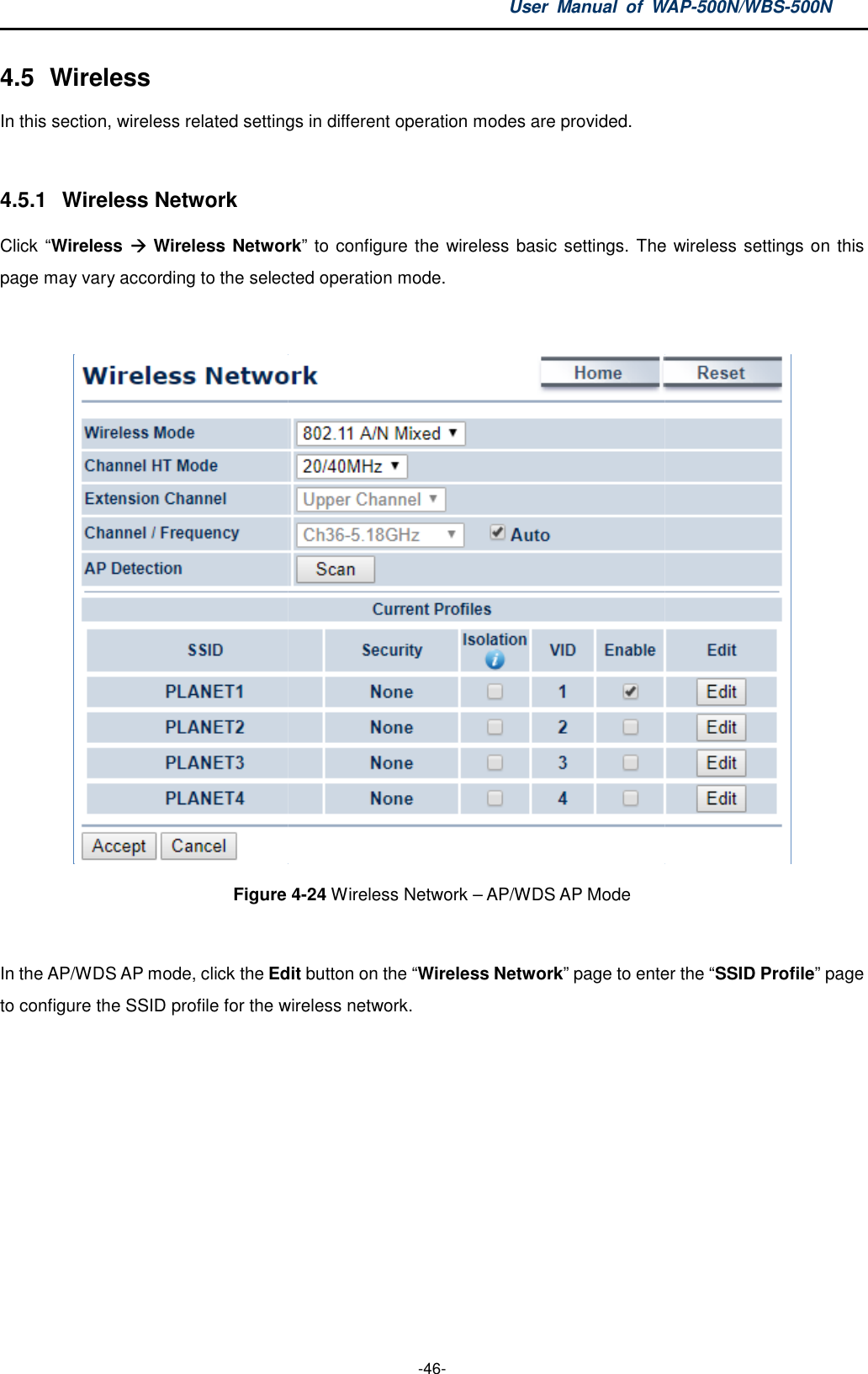 4.5  Wireless In this section, wireless related settings in different operation modes 4.5.1  Wireless Network Click “Wireless  Wireless Networkpage may vary according to the selected operation mode. Figure  In the AP/WDS AP mode, click the Editto configure the SSID profile for the wireless network.User  Manual  of WAP -46- wireless related settings in different operation modes are provided. Wireless Network” to configure the wireless basic settings. The wireless settings page may vary according to the selected operation mode. Figure 4-24 Wireless Network – AP/WDS AP Mode Edit button on the “Wireless Network” page to enter the for the wireless network. WAP-500N/WBS-500N to configure the wireless basic settings. The wireless settings on this  page to enter the “SSID Profile” page 