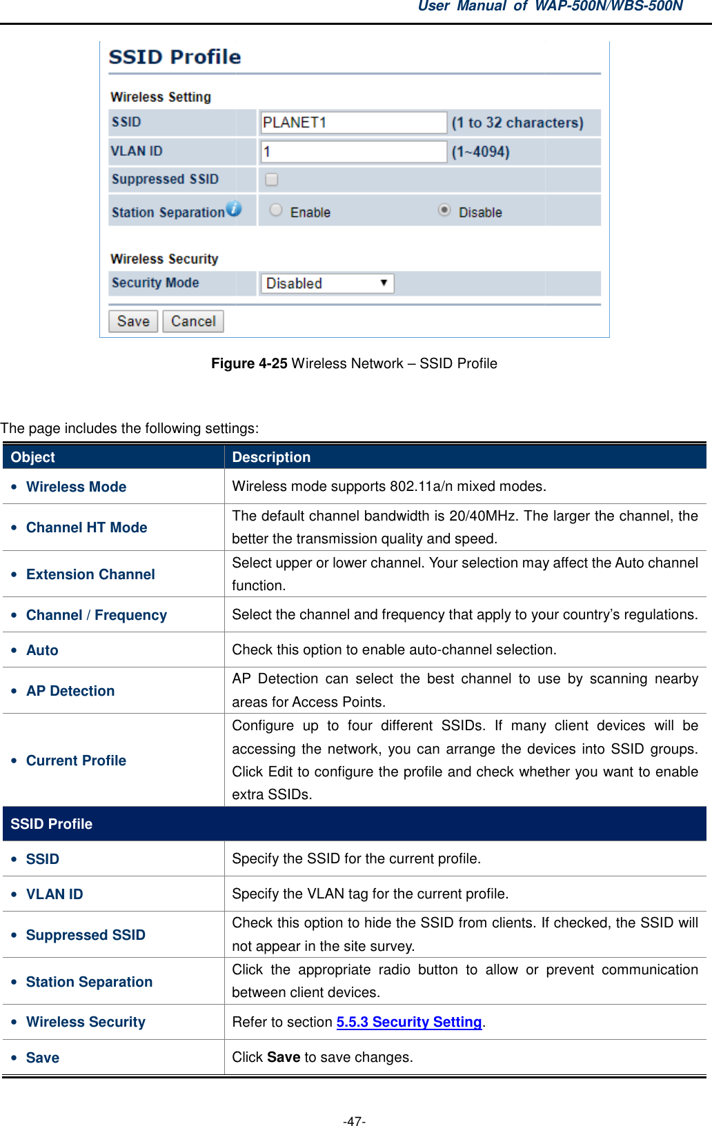 Figure The page includes the following settingsObject Description• Wireless Mode Wireless mode supports • Channel HT Mode The default channel bandwidthbetter• Extension Channel Selectfunction.• Channel / Frequency Select the channel and• Auto Check this option to enable auto• AP Detection AP areas for Access Points.• Current Profile Configure  up  to  four  different  SSIDs.  If  many  client  devices  will  be accessing the network,  you can arrange theClick Edit extra SSIDs.SSID Profile • SSID Specify the SSID for the current profile.• VLAN ID Specify the VLAN tag for the current profile.• Suppressed SSID Check this option to hide the SSID fromnot appear in the site survey.• Station Separation Click  the  appropriate  radio  button  to  allowbetween client devices.• Wireless Security Refer to section • Save Click User  Manual  of WAP -47- Figure 4-25 Wireless Network – SSID Profile  following settings: Description Wireless mode supports 802.11a/n mixed modes.The default channel bandwidth is 20/40MHz. The larger the channel, the better the transmission quality and speed. Select upper or lower channel. Your selection may affect the Autofunction. Select the channel and frequency that apply to your country’sCheck this option to enable auto-channel selection.AP Detection  can  select  the  best  channel  to  use  by  scanning  nearby areas for Access Points. Configure  up  to  four  different  SSIDs.  If  many  client  devices  will  be accessing the network,  you can arrange the devices into SSID groups. Click Edit to configure the profile and check whether you want to enable extra SSIDs. Specify the SSID for the current profile. Specify the VLAN tag for the current profile. Check this option to hide the SSID from clients. If checked, the SSID will not appear in the site survey. Click  the  appropriate  radio  button  to  allow or  prevent  communication between client devices. Refer to section 5.5.3 Security Setting. Click Save to save changes. WAP-500N/WBS-500N  mixed modes. is 20/40MHz. The larger the channel, the upper or lower channel. Your selection may affect the Auto channel your country’s regulations. channel selection. Detection  can  select  the  best  channel  to  use  by  scanning  nearby Configure  up  to  four  different  SSIDs.  If  many  client  devices  will  be devices into SSID groups. to configure the profile and check whether you want to enable clients. If checked, the SSID will or  prevent  communication 