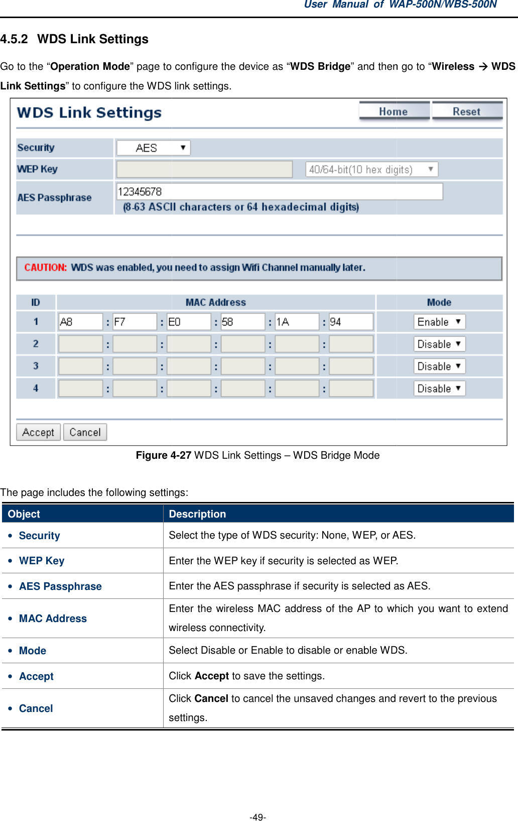 4.5.2  WDS Link Settings Go to the “Operation Mode” page to configure the device as Link Settings” to configure the WDS link settingsFigure 4 The page includes the following settingsObject Description• Security Select the type of WDS• WEP Key Enter the WEP key if security• AES Passphrase Enter the AES• MAC Address Enter the wireless • Mode Select Disable or Enable to• Accept Click • Cancel Click settings User  Manual  of WAP -49- page to configure the device as “WDS Bridge” and thento configure the WDS link settings. 4-27 WDS Link Settings – WDS Bridge Mode The page includes the following settings: Description Select the type of WDS security: None, WEP, or AES.Enter the WEP key if security is selected as WEP.Enter the AES passphrase if security is selected as Enter the wireless MAC address of the AP to which you want towireless connectivity. Select Disable or Enable to disable or enable WDS.Click Accept to save the settings. Click Cancel to cancel the unsaved changes and revert to the previous settings. WAP-500N/WBS-500N n go to “Wireless  WDS  security: None, WEP, or AES. as WEP. as AES. to which you want to extend disable or enable WDS. cancel the unsaved changes and revert to the previous 