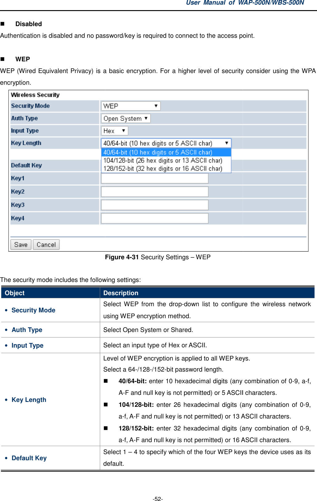  Disabled Authentication is disabled and no password/key is required to connect to the access point.  WEP WEP (Wired Equivalent Privacy) is aencryption.   Figure  The security mode includes the following settingsObject Description• Security Mode Select using WEP encryption method.• Auth Type Select Open System or Shared.• Input Type Select an input type of Hex or ASCII.• Key Length Level of WEP encryptionSelect a 64• Default Key Select 1 default.User  Manual  of WAP -52- Authentication is disabled and no password/key is required to connect to the access point.Equivalent Privacy) is a basic encryption. For a higher level of security consider using Figure 4-31 Security Settings – WEP The security mode includes the following settings: Description Select WEP  from  the  drop-down  list  to configure  the  wireless  network using WEP encryption method. Select Open System or Shared. Select an input type of Hex or ASCII. Level of WEP encryption is applied to all WEP keys.Select a 64-/128-/152-bit password length.  40/64-bit: enter 10 hexadecimal digits (any combination of 0A-F and null key is not permitted) or 5 ASCII characters. 104/128-bit:  enter 26 hexadecimal digits (any combination ofa-f, A-F and null key is not permitted) or 13 ASCII characters. 128/152-bit:  enter 32 hexadecimal digits (any combination of 0a-f, A-F and null key is not permitted) or 16 ASCII characters.Select 1 – 4 to specify which of the four WEP keys the devicedefault. WAP-500N/WBS-500N Authentication is disabled and no password/key is required to connect to the access point. level of security consider using the WPA  configure  the  wireless  network applied to all WEP keys. enter 10 hexadecimal digits (any combination of 0-9, a-f, F and null key is not permitted) or 5 ASCII characters. hexadecimal digits (any combination of 0-9, ASCII characters. hexadecimal digits (any combination of 0-9, ASCII characters. WEP keys the device uses as its 