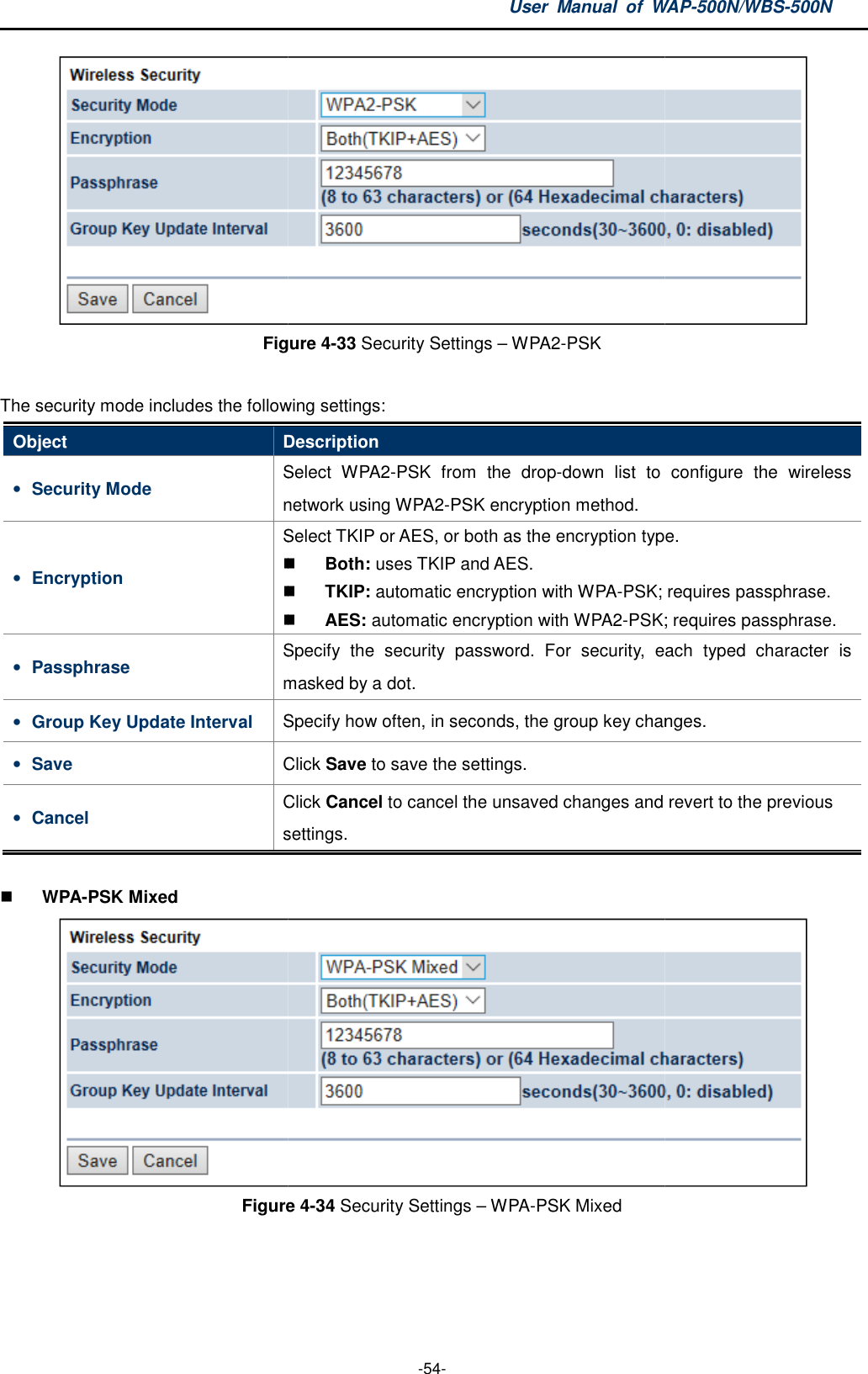 Figure  The security mode includes the following settingsObject Description• Security Mode Select  WPA2network using WPA2• Encryption Select TKIP or AES• Passphrase Specify  the  security  password. masked by a dot.• Group Key Update Interval Specify how often, in seconds, the group key changes.• Save Click • Cancel Click settings  WPA-PSK Mixed Figure  User  Manual  of WAP -54- Figure 4-33 Security Settings – WPA2-PSK The security mode includes the following settings: Description Select  WPA2-PSK  from  the  drop-down  list  to  configure  the  wireless network using WPA2-PSK encryption method. Select TKIP or AES, or both as the encryption type. Both: uses TKIP and AES.  TKIP: automatic encryption with WPA-PSK; requires passphrase. AES: automatic encryption with WPA2-PSK; requiresSpecify  the  security  password. For  security,  each  typed  character  is masked by a dot. Specify how often, in seconds, the group key changes.Click Save to save the settings. Click Cancel to cancel the unsaved changes and revert to the previous settings. Figure 4-34 Security Settings – WPA-PSK Mixed WAP-500N/WBS-500N  down  list  to  configure  the  wireless as the encryption type. PSK; requires passphrase. PSK; requires passphrase. For  security,  each  typed  character  is Specify how often, in seconds, the group key changes. cancel the unsaved changes and revert to the previous  