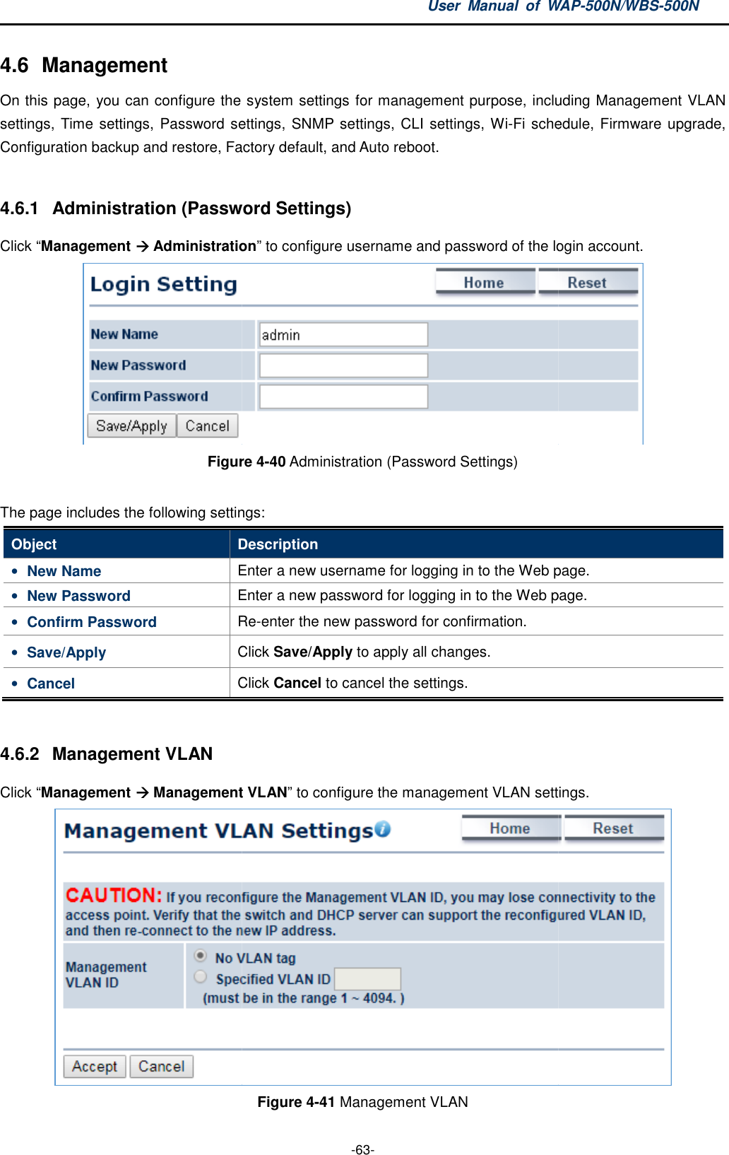 4.6  Management On this page, you can configure the systemsettings, Time settings, Password settings, Configuration backup and restore, Factory default, and 4.6.1  Administration (Password Settings)Click “Management  AdministrationFigure The page includes the following settingsObject Description• New Name Enter a new username for logging • New Password Enter a new password for logging in to the Web• Confirm Password Re• Save/Apply Click • Cancel Click  4.6.2  Management VLAN Click “Management  Management VLANUser  Manual  of WAP -63- configure the system settings for management purpose, includingsettings, Time settings, Password settings, SNMP settings, CLI settings, Wi-Fi schedule, , Factory default, and Auto reboot.  (Password Settings) Administration” to configure username and password of the login account.Figure 4-40 Administration (Password Settings)  The page includes the following settings: Description Enter a new username for logging in to the Web page.Enter a new password for logging in to the Web page.Re-enter the new password for confirmation. Click Save/Apply to apply all changes. Click Cancel to cancel the settings. Management VLAN” to configure the management VLAN settings.Figure 4-41 Management VLAN WAP-500N/WBS-500N , including Management VLAN Fi schedule, Firmware upgrade, configure username and password of the login account.  page. page. configure the management VLAN settings.  