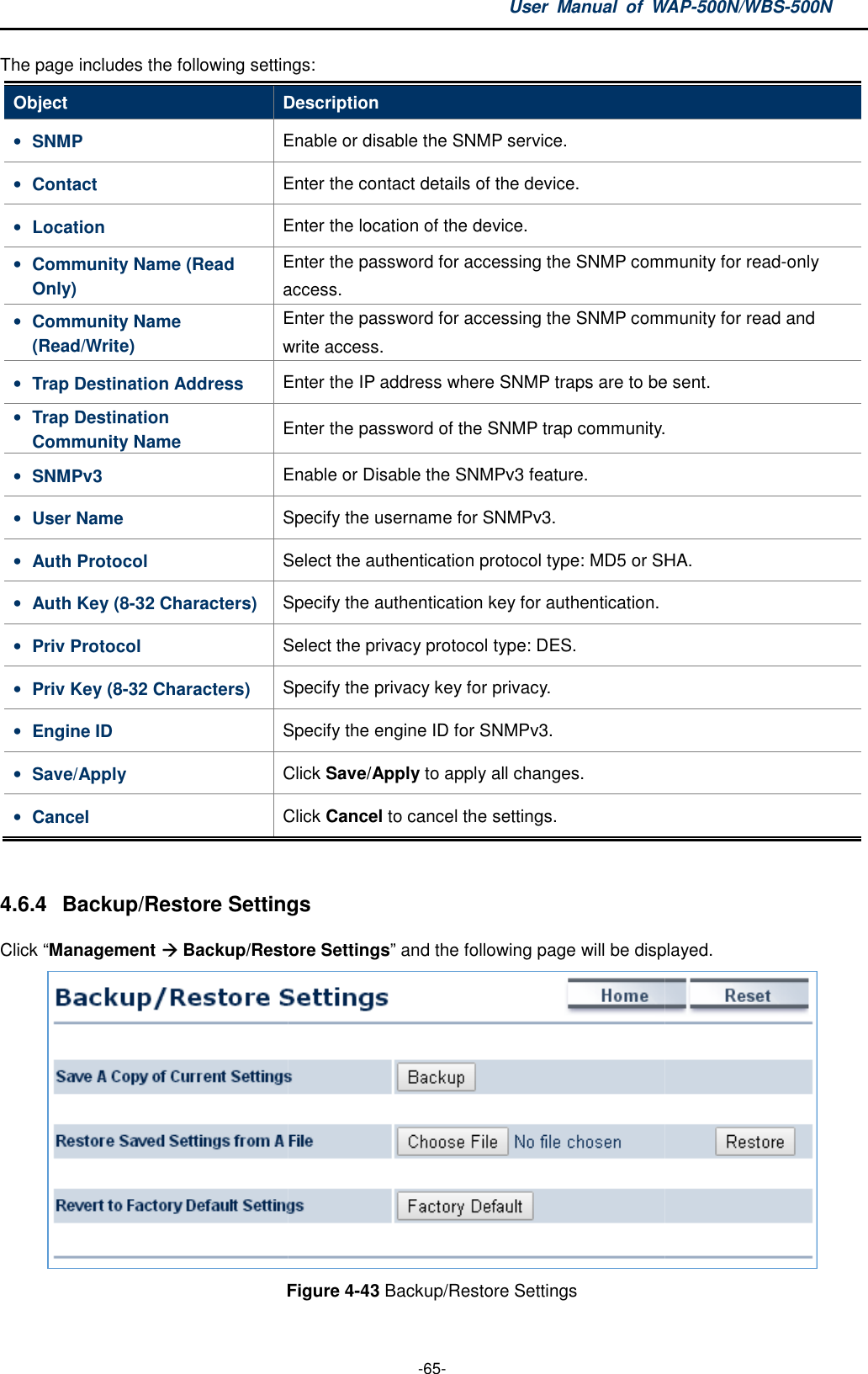 The page includes the following settingsObject Description• SNMP Enable or disable the SNMP service.• Contact Enter the contact details of the device.• Location Enter the location of the device.• Community Name (Read Only) Enter theaccess.• Community Name (Read/Write) Enter thewrite access.• Trap Destination Address Enter the IP address• Trap Destination Community Name Enter the• SNMPv3 Enable or Disable the SNMPv3 feature.• User Name Specify the username for SNMPv3.• Auth Protocol Select the authentication protocol type: MD5 or SHA.• Auth Key (8-32 Characters) Specify the authentication key for authentication.• Priv Protocol Select the privacy protocol type: DES.• Priv Key (8-32 Characters) Specify the privacy key for privacy.• Engine ID Specify the engine ID for SNMPv3.• Save/Apply Click • Cancel Click  4.6.4 Backup/Restore SettingsClick “Management  Backup/RestoreFigure User  Manual  of WAP -65- The page includes the following settings: Description Enable or disable the SNMP service. Enter the contact details of the device. Enter the location of the device. Enter the password for accessing the SNMP community foraccess. Enter the password for accessing the SNMP community forwrite access. Enter the IP address where SNMP traps are to be sent.Enter the password of the SNMP trap community.Enable or Disable the SNMPv3 feature. Specify the username for SNMPv3. Select the authentication protocol type: MD5 or SHA.Specify the authentication key for authentication. Select the privacy protocol type: DES. Specify the privacy key for privacy. Specify the engine ID for SNMPv3. Click Save/Apply to apply all changes. Click Cancel to cancel the settings. Backup/Restore Settings Restore Settings” and the following page will be displayed.Figure 4-43 Backup/Restore Settings WAP-500N/WBS-500N for accessing the SNMP community for read-only password for accessing the SNMP community for read and where SNMP traps are to be sent. password of the SNMP trap community. Select the authentication protocol type: MD5 or SHA.  will be displayed.  