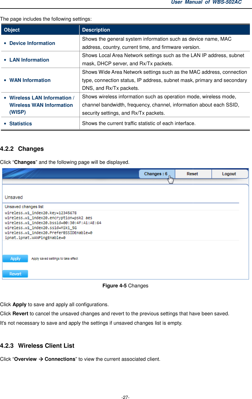 The page includes the following settingsObject Description• Device Information Saddress, country, current time,• LAN Information Smask, • WAN Information Stype, connection status, DNS• Wireless LAN Information / Wireless WAN Information (WISP) Schannel bandwidth, security • Statistics Shows the current traffic statistic of each interface.4.2.2  Changes Click “Changes” and the following page Click Apply to save and apply all configurations. Click Revert to cancel the unsaved changes and revert to the previous settings that have been saved.It&apos;s not necessary to save and apply the settings if unsaved changes list is empty. 4.2.3  Wireless Client List Click “Overview  Connections” to view the current associated client.User Manual  of  -27- The page includes the following settings: Description Shows the general system information such as device name, MAC address, country, current time, and firmware version.Shows Local Area Network settings such as the LAN IP address, subnet mask, DHCP server, and Rx/Tx packets. Shows Wide Area Network settings such as the MAC address, connectitype, connection status, IP address, subnet mask, DNS, and Rx/Tx packets. Shows wireless information such as operation mode, wireless mode, channel bandwidth, frequency, channel, information about each SSID, security settings, and Rx/Tx packets. Shows the current traffic statistic of each interface. nd the following page will be displayed. Figure 4-5 Changes  to save and apply all configurations.  to cancel the unsaved changes and revert to the previous settings that have been saved.It&apos;s not necessary to save and apply the settings if unsaved changes list is empty. to view the current associated client. Manual  of WBS-502AC device name, MAC firmware version. LAN IP address, subnet MAC address, connection address, subnet mask, primary and secondary operation mode, wireless mode, information about each SSID, Shows the current traffic statistic of each interface.  to cancel the unsaved changes and revert to the previous settings that have been saved. 