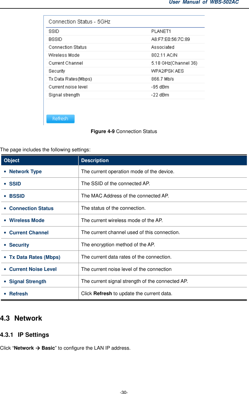 User  Manual  of  WBS-502AC  -30-  Figure 4-9 Connection Status  The page includes the following settings: Object  Description • Network Type  The current operation mode of the device. • SSID  The SSID of the connected AP. • BSSID  The MAC Address of the connected AP. • Connection Status  The status of the connection. • Wireless Mode  The current wireless mode of the AP. • Current Channel  The current channel used of this connection. • Security  The encryption method of the AP. • Tx Data Rates (Mbps)  The current data rates of the connection. • Current Noise Level  The current noise level of the connection • Signal Strength  The current signal strength of the connected AP. • Refresh  Click Refresh to update the current data.  4.3  Network 4.3.1  IP Settings Click “Network  Basic” to configure the LAN IP address. 