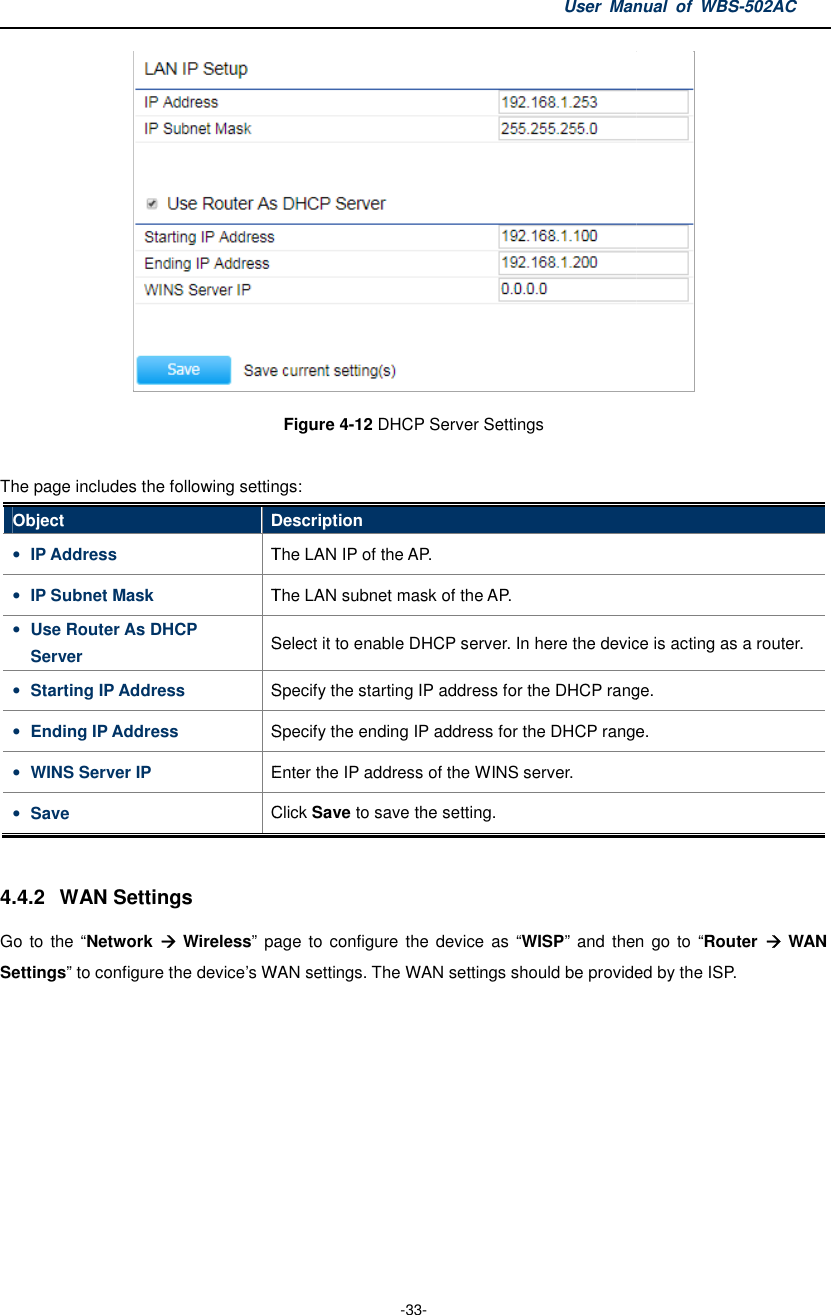  The page includes the following settingsObject Description• IP Address The • IP Subnet Mask The • Use Router As DHCP Server Select • Starting IP Address Specify the starting IP address for• Ending IP Address Specify the • WINS Server IP Enter the IP address of the WINS server.• Save Click  4.4.2  WAN Settings Go  to the “Network  Wireless” page to configure  the device  as Settings” to configure the device’s WAN settings.User Manual  of  -33- Figure 4-12 DHCP Server Settings The page includes the following settings: Description The LAN IP of the AP. The LAN subnet mask of the AP. Select it to enable DHCP server. In here the device is acting as a router.Specify the starting IP address for the DHCP range.Specify the ending IP address for the DHCP range.Enter the IP address of the WINS server. Click Save to save the setting. page to configure  the  device  as “WISP” and  thento configure the device’s WAN settings. The WAN settings should be providedManual  of WBS-502AC  In here the device is acting as a router. DHCP range. DHCP range. n  go to “Router   WAN provided by the ISP. 