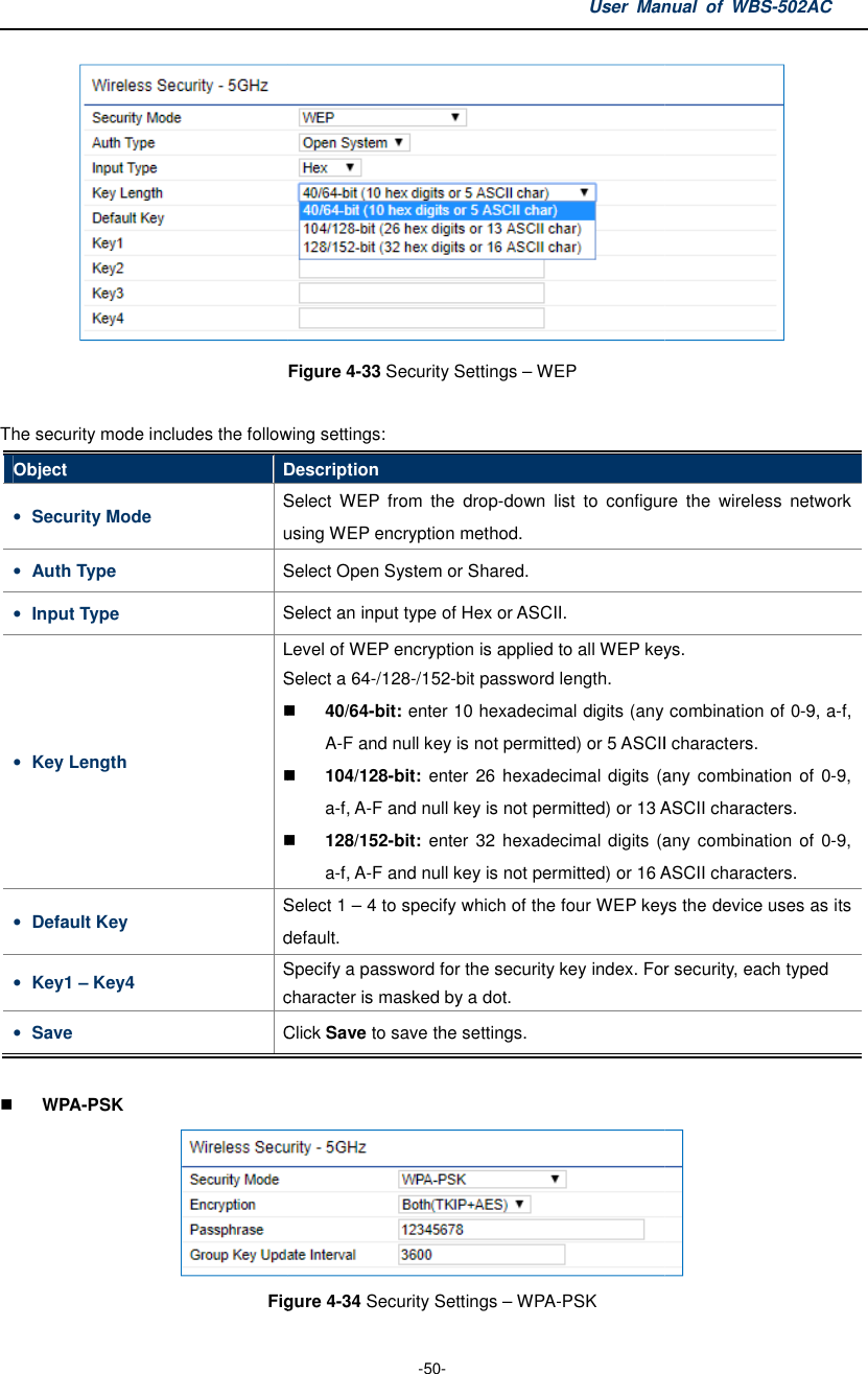 Figure  The security mode includes the following settingsObject Description• Security Mode Select using WEP encryption method.• Auth Type Select Open System or Shared.• Input Type Select an input type of Hex or ASCII.• Key Length Level of WEP encryptionSelect a 64• Default Key Select 1 default.• Key1 – Key4 Specify a password for the security key index. Forcharacter is masked by a dot.• Save Click   WPA-PSK Figure User Manual  of  -50- Figure 4-33 Security Settings – WEP The security mode includes the following settings: Description Select WEP  from  the  drop-down  list  to configure  the  wireless  network using WEP encryption method. Select Open System or Shared. Select an input type of Hex or ASCII. Level of WEP encryption is applied to all WEP keys.Select a 64-/128-/152-bit password length.  40/64-bit: enter 10 hexadecimal digits (any combination of 0A-F and null key is not permitted) or 5 ASCII characters. 104/128-bit:  enter  26 hexadecimal digits (any combination of  0a-f, A-F and null key is not permitted) or 13 ASCII characters. 128/152-bit:  enter  32 hexadecimal digits (any combination of  0a-f, A-F and null key is not permitted) or 16 ASCII characters.Select 1 – 4 to specify which of the four WEP keys the devicedefault. Specify a password for the security key index. Forcharacter is masked by a dot. Click Save to save the settings. Figure 4-34 Security Settings – WPA-PSK Manual  of WBS-502AC  configure  the  wireless  network applied to all WEP keys. enter 10 hexadecimal digits (any combination of 0-9, a-f, F and null key is not permitted) or 5 ASCII characters. hexadecimal digits (any combination  of  0-9, ASCII characters. hexadecimal digits (any combination  of  0-9, ASCII characters. 4 to specify which of the four WEP keys the device uses as its Specify a password for the security key index. For security, each typed  