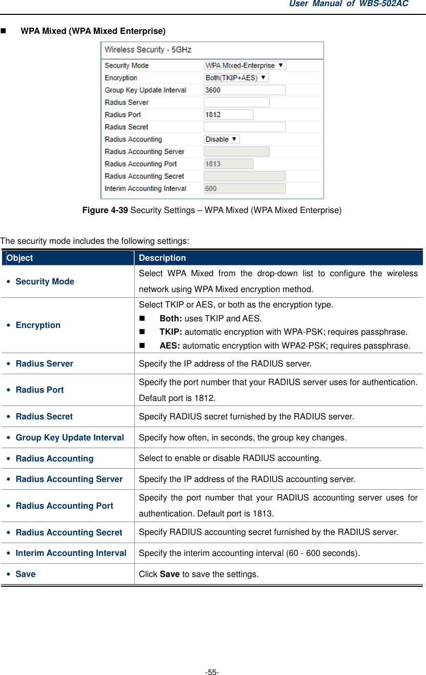  WPA Mixed (WPA Mixed Enterprise)Figure 4-39 Security Settings  The security mode includes the following settingsObject Description• Security Mode Select network using • Encryption Select TKIP or AES• Radius Server Specify the IP address of the RADIUS server.• Radius Port Specify Default port is 1812.• Radius Secret Specify RADIUS secret furnished by the• Group Key Update Interval Specify how often, in seconds, the group key changes.• Radius Accounting Select to enable or disable RADIUS accounting.• Radius Accounting Server Specify the IP address of the RADIUS accounting server.• Radius Accounting Port Specify  the  port  number  that  your  RADIUS  accounting  server  uses  for authentication. Default port is • Radius Accounting Secret Specify RADIUS accounting secret furnished by the RADIUS server.• Interim Accounting Interval Specify the interim accounting interval (60 • Save Click  User Manual  of  -55- Mixed Enterprise)  Security Settings – WPA Mixed (WPA Mixed Enterprise)The security mode includes the following settings: Description Select WPA  Mixed  from  the  drop-down  list  to  configure  the  wireless network using WPA Mixed encryption method. Select TKIP or AES, or both as the encryption type. Both: uses TKIP and AES.  TKIP: automatic encryption with WPA-PSK; requires passphrase. AES: automatic encryption with WPA2-PSK; requiresSpecify the IP address of the RADIUS server. Specify the port number that your RADIUS serverDefault port is 1812. Specify RADIUS secret furnished by the RADIUS server.Specify how often, in seconds, the group key changes.Select to enable or disable RADIUS accounting. Specify the IP address of the RADIUS accounting server.Specify  the  port  number  that  your  RADIUS  accounting  server  uses for authentication. Default port is 1813. Specify RADIUS accounting secret furnished by the RADIUS server.Specify the interim accounting interval (60 - 600 seconds).Click Save to save the settings. Manual  of WBS-502AC  Enterprise) down  list  to  configure  the  wireless as the encryption type. PSK; requires passphrase. PSK; requires passphrase. the port number that your RADIUS server uses for authentication. RADIUS server. Specify how often, in seconds, the group key changes.  Specify the IP address of the RADIUS accounting server. Specify  the  port  number  that  your  RADIUS  accounting  server  uses  for Specify RADIUS accounting secret furnished by the RADIUS server. 600 seconds). 