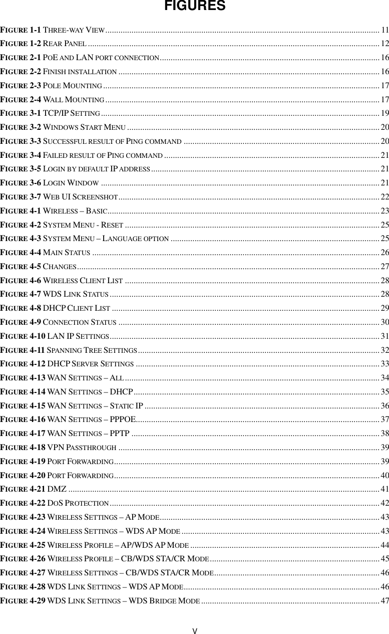  V FIGURES FIGURE 1-1 THREE-WAY VIEW .............................................................................................................................. 11 FIGURE 1-2 REAR PANEL ...................................................................................................................................... 12 FIGURE 2-1 POE AND LAN PORT CONNECTION ..................................................................................................... 16 FIGURE 2-2 FINISH INSTALLATION ........................................................................................................................ 16 FIGURE 2-3 POLE MOUNTING ............................................................................................................................... 17 FIGURE 2-4 WALL MOUNTING .............................................................................................................................. 17 FIGURE 3-1 TCP/IP SETTING ................................................................................................................................ 19 FIGURE 3-2 WINDOWS START MENU .................................................................................................................... 20 FIGURE 3-3 SUCCESSFUL RESULT OF PING COMMAND .......................................................................................... 20 FIGURE 3-4 FAILED RESULT OF PING COMMAND ................................................................................................... 21 FIGURE 3-5 LOGIN BY DEFAULT IP ADDRESS ......................................................................................................... 21 FIGURE 3-6 LOGIN WINDOW ................................................................................................................................ 21 FIGURE 3-7 WEB UI SCREENSHOT ........................................................................................................................ 22 FIGURE 4-1 WIRELESS – BASIC ............................................................................................................................. 23 FIGURE 4-2 SYSTEM MENU - RESET ..................................................................................................................... 25 FIGURE 4-3 SYSTEM MENU – LANGUAGE OPTION ................................................................................................ 25 FIGURE 4-4 MAIN STATUS .................................................................................................................................... 26 FIGURE 4-5 CHANGES ........................................................................................................................................... 27 FIGURE 4-6 WIRELESS CLIENT LIST ..................................................................................................................... 28 FIGURE 4-7 WDS LINK STATUS ............................................................................................................................ 28 FIGURE 4-8 DHCP CLIENT LIST ........................................................................................................................... 29 FIGURE 4-9 CONNECTION STATUS ........................................................................................................................ 30 FIGURE 4-10 LAN IP SETTINGS ............................................................................................................................ 31 FIGURE 4-11 SPANNING TREE SETTINGS ............................................................................................................... 32 FIGURE 4-12 DHCP SERVER SETTINGS ................................................................................................................ 33 FIGURE 4-13 WAN SETTINGS – ALL ..................................................................................................................... 34 FIGURE 4-14 WAN SETTINGS – DHCP ................................................................................................................. 35 FIGURE 4-15 WAN SETTINGS – STATIC IP ............................................................................................................ 36 FIGURE 4-16 WAN SETTINGS – PPPOE ................................................................................................................ 37 FIGURE 4-17 WAN SETTINGS – PPTP .................................................................................................................. 38 FIGURE 4-18 VPN PASSTHROUGH ........................................................................................................................ 39 FIGURE 4-19 PORT FORWARDING .......................................................................................................................... 39 FIGURE 4-20 PORT FORWARDING .......................................................................................................................... 40 FIGURE 4-21 DMZ ............................................................................................................................................... 41 FIGURE 4-22 DOS PROTECTION ............................................................................................................................ 42 FIGURE 4-23 WIRELESS SETTINGS – AP MODE ..................................................................................................... 43 FIGURE 4-24 WIRELESS SETTINGS – WDS AP MODE ........................................................................................... 43 FIGURE 4-25 WIRELESS PROFILE – AP/WDS AP MODE ....................................................................................... 44 FIGURE 4-26 WIRELESS PROFILE – CB/WDS STA/CR MODE .............................................................................. 45 FIGURE 4-27 WIRELESS SETTINGS – CB/WDS STA/CR MODE ............................................................................ 46 FIGURE 4-28 WDS LINK SETTINGS – WDS AP MODE .......................................................................................... 46 FIGURE 4-29 WDS LINK SETTINGS – WDS BRIDGE MODE .................................................................................. 47 