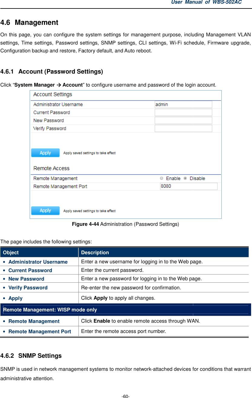 4.6  Management On this page, you can configure the systemsettings, Time settings, Password settings, Configuration backup and restore, Factory default, and 4.6.1  Account (Password Settings)Click “System Manager  Account”Figure The page includes the following settingsObject Description• Administrator Username Enter a new username for • Current Password Enter • New Password Enter a new password for logging in to the Web• Verify Password Re• Apply Click Remote Management: WISP mode only• Remote Management Click • Remote Management Port Enter the remote access port number. 4.6.2  SNMP Settings SNMP is used in network management systems to monitor networkadministrative attention. User Manual  of  -60- configure the system settings for management purpose, includingsettings, Time settings, Password  settings, SNMP settings,  CLI  settings, Wi-Fi schedule, , Factory default, and Auto reboot.  (Password Settings) ” to configure username and password of the login account.Figure 4-44 Administration (Password Settings)  The page includes the following settings: Description Enter a new username for logging in to the Web page.Enter the current password. Enter a new password for logging in to the Web page.Re-enter the new password for confirmation. Click Apply to apply all changes. Management: WISP mode only Click Enable to enable remote access through WAN.Enter the remote access port number. SNMP is used in network management systems to monitor network-attached devices for Manual  of WBS-502AC , including Management VLAN Fi schedule, Firmware  upgrade, username and password of the login account.  page. page. WAN. attached devices for conditions that warrant 