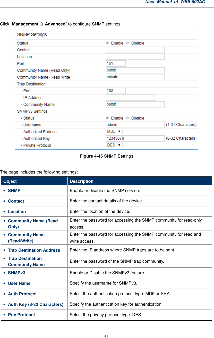  Click “Management  Advanced” to The page includes the following settingsObject Description• SNMP Enable or disable the SNMP service.• Contact Enter the contact details of the device.• Location Enter the location of the device.• Community Name (Read Only) Enter theaccess.• Community Name (Read/Write) Enter thewrite access.• Trap Destination Address Enter the IP address• Trap Destination Community Name Enter the• SNMPv3 Enable or Disable the SNMPv3 feature.• User Name Specify the username for SNMPv3.• Auth Protocol Select the authentication protocol type: MD5 or SHA.• Auth Key (8-32 Characters) Specify the authentication key for authentication.• Priv Protocol Select the privacy protocol type: DES.User Manual  of  -61- to configure SNMP settings. Figure 4-45 SNMP Settings  The page includes the following settings: Description Enable or disable the SNMP service. Enter the contact details of the device. Enter the location of the device. Enter the password for accessing the SNMP community foraccess. Enter the password for accessing the SNMP community forwrite access. Enter the IP address where SNMP traps are to be sent.Enter the password of the SNMP trap community.Enable or Disable the SNMPv3 feature. Specify the username for SNMPv3. Select the authentication protocol type: MD5 or SHA.Specify the authentication key for authentication. Select the privacy protocol type: DES. Manual  of WBS-502AC  password for accessing the SNMP community for read-only password for accessing the SNMP community for read and where SNMP traps are to be sent. community. Select the authentication protocol type: MD5 or SHA.  