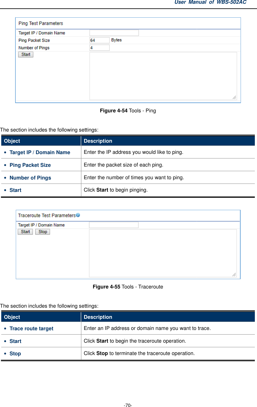 The section includes the following settingsObject Description• Target IP / Domain Name Enter the IP address you would like to• Ping Packet Size Enter the packet size of each ping.• Number of Pings Enter the number of times you want to ping.• Start Click  The section includes the following settingsObject Description• Trace route target Enter an IP address or domain name you want to• Start Click • Stop Click  User Manual  of  -70- Figure 4-54 Tools - Ping  includes the following settings: Description Enter the IP address you would like to ping. Enter the packet size of each ping. Enter the number of times you want to ping. Click Start to begin pinging. Figure 4-55 Tools - Traceroute  includes the following settings: Description Enter an IP address or domain name you want to Click Start to begin the traceroute operation. Click Stop to terminate the traceroute operation.  Manual  of WBS-502AC    trace.  