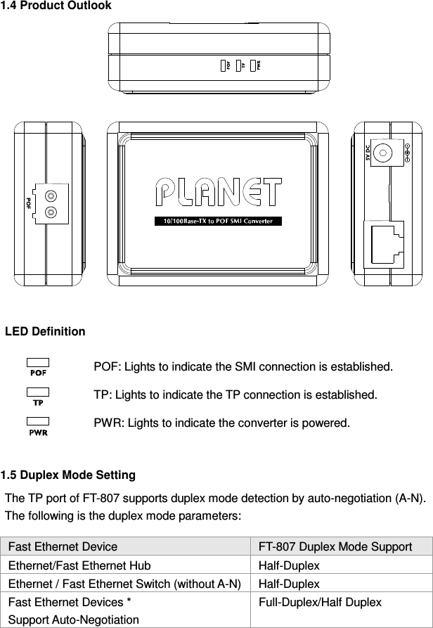  1.4 Product Outlook       LED Definition  POF: Lights to indicate the SMI connection is established. TP: Lights to indicate the TP connection is established. PWR: Lights to indicate the converter is powered.  1.5 Duplex Mode Setting The TP port of FT-807 supports duplex mode detection by auto-negotiation (A-N). The following is the duplex mode parameters: Fast Ethernet Device  FT-807 Duplex Mode Support Ethernet/Fast Ethernet Hub  Half-Duplex Ethernet / Fast Ethernet Switch (without A-N) Half-Duplex Fast Ethernet Devices * Support Auto-Negotiation Full-Duplex/Half Duplex 