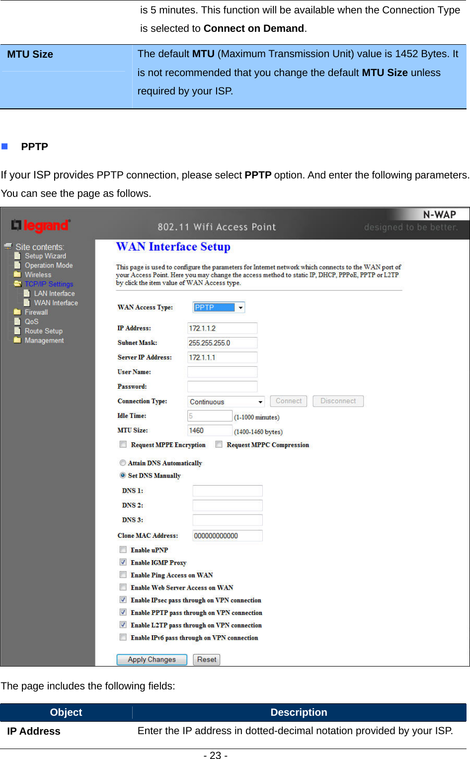   - 23 - is 5 minutes. This function will be available when the Connection Type is selected to Connect on Demand.  MTU Size  The default MTU (Maximum Transmission Unit) value is 1452 Bytes. It is not recommended that you change the default MTU Size unless required by your ISP.   PPTP If your ISP provides PPTP connection, please select PPTP option. And enter the following parameters. You can see the page as follows.                          The page includes the following fields: Object  Description IP Address    Enter the IP address in dotted-decimal notation provided by your ISP. 