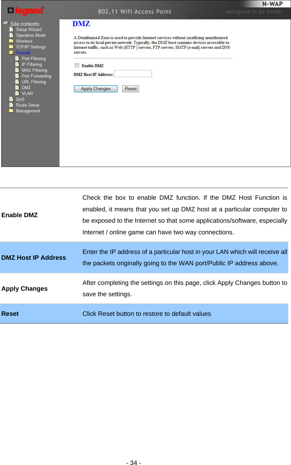   - 34 -     Enable DMZ Check the box to enable DMZ function. If the DMZ Host Function is enabled, it means that you set up DMZ host at a particular computer to be exposed to the Internet so that some applications/software, especially Internet / online game can have two way connections.   DMZ Host IP Address    Enter the IP address of a particular host in your LAN which will receive all the packets originally going to the WAN port/Public IP address above.   Apply Changes    After completing the settings on this page, click Apply Changes button to save the settings. Reset   Click Reset button to restore to default values   