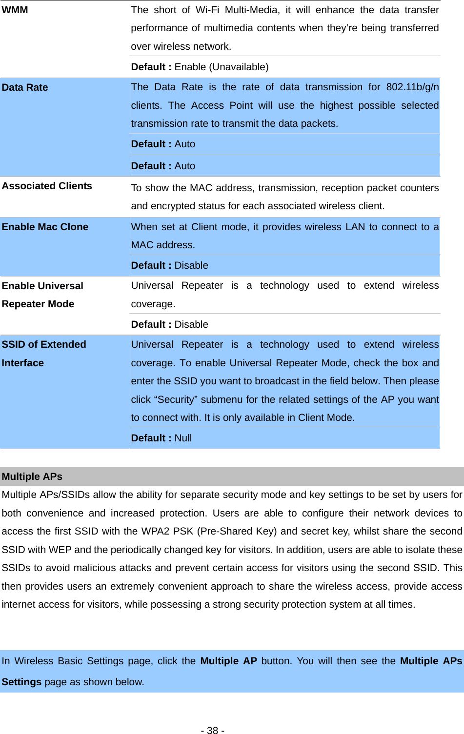   - 38 -  Multiple APs Multiple APs/SSIDs allow the ability for separate security mode and key settings to be set by users for both convenience and increased protection. Users are able to configure their network devices to access the first SSID with the WPA2 PSK (Pre-Shared Key) and secret key, whilst share the second SSID with WEP and the periodically changed key for visitors. In addition, users are able to isolate these SSIDs to avoid malicious attacks and prevent certain access for visitors using the second SSID. This then provides users an extremely convenient approach to share the wireless access, provide access internet access for visitors, while possessing a strong security protection system at all times.  In Wireless Basic Settings page, click the Multiple AP button. You will then see the Multiple APs Settings page as shown below.  The short of Wi-Fi Multi-Media, it will enhance the data transfer performance of multimedia contents when they’re being transferred over wireless network. WMM Default : Enable (Unavailable) The Data Rate is the rate of data transmission for 802.11b/g/nclients. The Access Point will use the highest possible selected transmission rate to transmit the data packets. Default : Auto Data Rate Default : Auto Associated Clients  To show the MAC address, transmission, reception packet counters and encrypted status for each associated wireless client. When set at Client mode, it provides wireless LAN to connect to a MAC address. Enable Mac Clone Default : Disable Universal Repeater is a technology used to extend wireless coverage. Enable Universal Repeater Mode Default : Disable Universal Repeater is a technology used to extend wireless coverage. To enable Universal Repeater Mode, check the box and enter the SSID you want to broadcast in the field below. Then please click “Security” submenu for the related settings of the AP you want to connect with. It is only available in Client Mode. SSID of Extended Interface Default : Null 