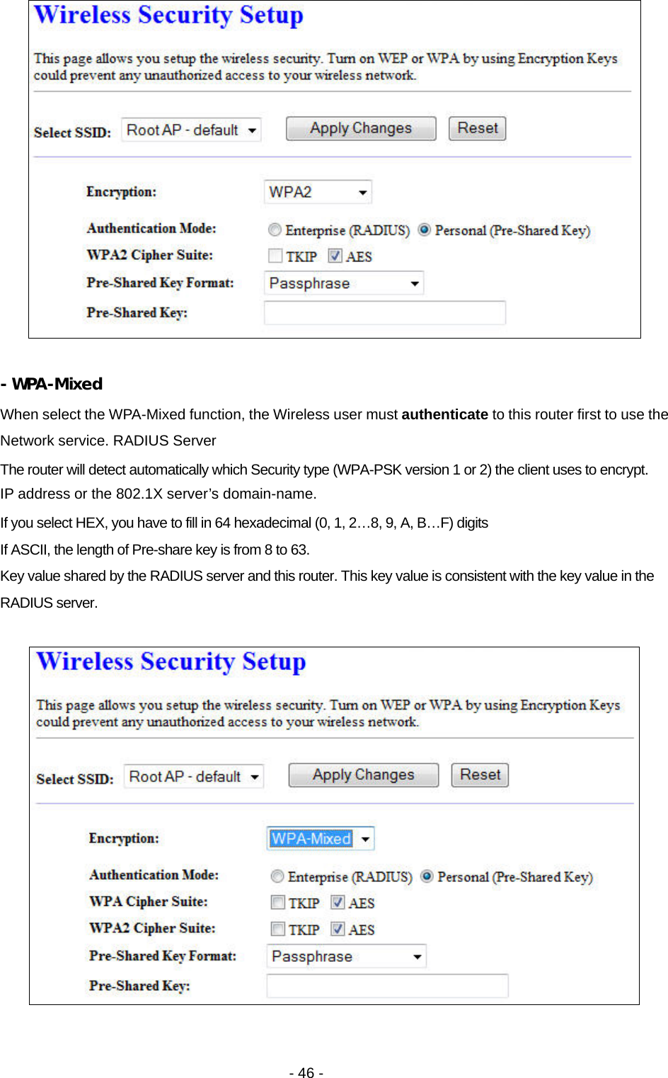   - 46 -   - WPA-Mixed When select the WPA-Mixed function, the Wireless user must authenticate to this router first to use the Network service. RADIUS Server The router will detect automatically which Security type (WPA-PSK version 1 or 2) the client uses to encrypt. IP address or the 802.1X server’s domain-name.   If you select HEX, you have to fill in 64 hexadecimal (0, 1, 2…8, 9, A, B…F) digits If ASCII, the length of Pre-share key is from 8 to 63. Key value shared by the RADIUS server and this router. This key value is consistent with the key value in the RADIUS server.     