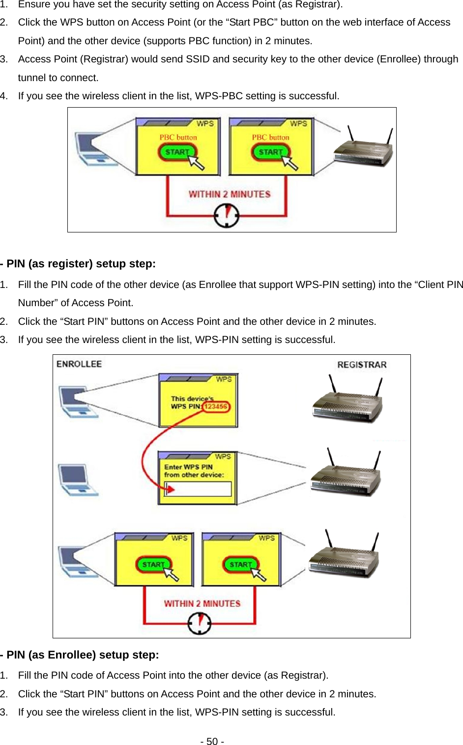   - 50 - 1.  Ensure you have set the security setting on Access Point (as Registrar). 2.  Click the WPS button on Access Point (or the “Start PBC” button on the web interface of Access Point) and the other device (supports PBC function) in 2 minutes. 3.  Access Point (Registrar) would send SSID and security key to the other device (Enrollee) through tunnel to connect. 4.  If you see the wireless client in the list, WPS-PBC setting is successful.   - PIN (as register) setup step: 1.  Fill the PIN code of the other device (as Enrollee that support WPS-PIN setting) into the “Client PIN Number” of Access Point. 2.  Click the “Start PIN” buttons on Access Point and the other device in 2 minutes. 3.  If you see the wireless client in the list, WPS-PIN setting is successful.  - PIN (as Enrollee) setup step: 1.  Fill the PIN code of Access Point into the other device (as Registrar). 2.  Click the “Start PIN” buttons on Access Point and the other device in 2 minutes. 3.  If you see the wireless client in the list, WPS-PIN setting is successful. 