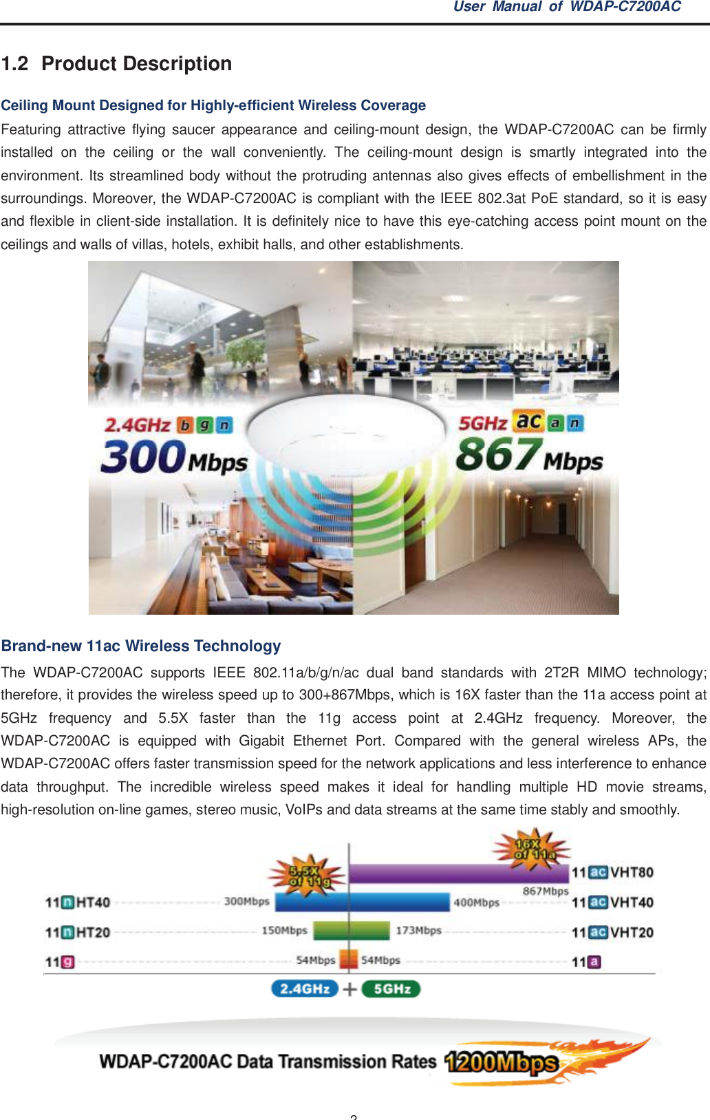 User Manual of WDAP-C7200AC-2-1.2  Product DescriptionCeiling Mount Designed for Highly-efficient Wireless CoverageFeaturing attractive flying saucer appearance and ceiling-mount design, the WDAP-C7200AC can be firmlyinstalled on the ceiling or the wall conveniently. The ceiling-mount design is smartly integrated into theenvironment. Its streamlined body without the protruding antennas also gives effects of embellishment in thesurroundings. Moreover, the WDAP-C7200AC is compliant with the IEEE 802.3at PoE standard, so it is easyand flexible in client-side installation. It is definitely nice to have this eye-catching access point mount on theceilings and walls of villas, hotels, exhibit halls, and other establishments.Brand-new 11ac Wireless TechnologyThe WDAP-C7200AC supports IEEE 802.11a/b/g/n/ac dual band standards with 2T2R MIMO technology;therefore, it provides the wireless speed up to 300+867Mbps, which is 16X faster than the 11a access point at5GHz frequency and 5.5X faster than the 11g access point at 2.4GHz frequency. Moreover, theWDAP-C7200AC is equipped with Gigabit Ethernet Port. Compared with the general wireless APs, theWDAP-C7200AC offers faster transmission speed for the network applications and less interference to enhancedata throughput. The incredible wireless speed makes it ideal for handling multiple HD movie streams,high-resolution on-line games, stereo music, VoIPs and data streams at the same time stably and smoothly.