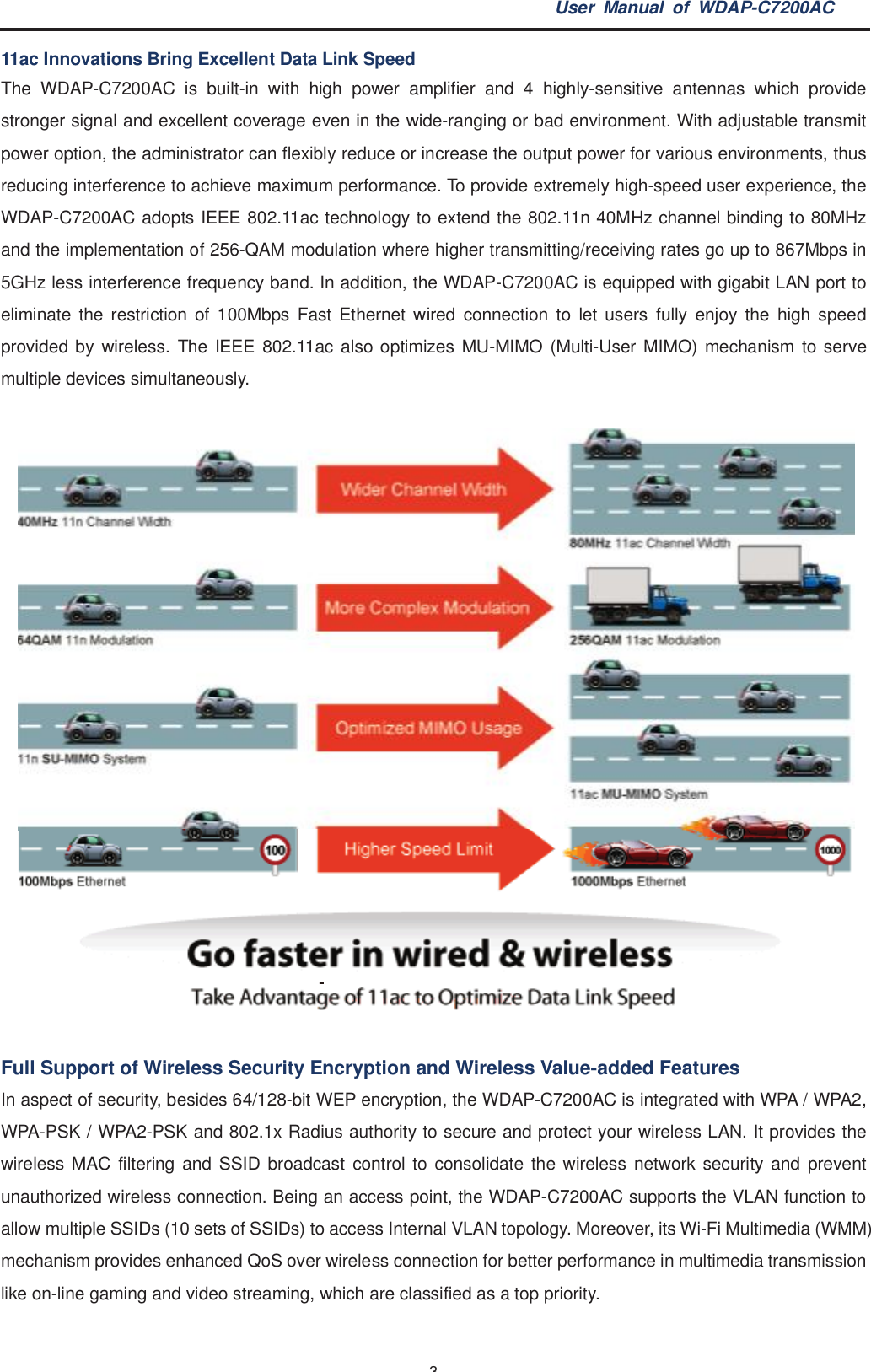 User Manual of WDAP-C7200AC-3-11ac Innovations Bring Excellent Data Link SpeedThe WDAP-C7200AC is built-in with high power amplifier and 4 highly-sensitive antennas which providestronger signal and excellent coverage even in the wide-ranging or bad environment. With adjustable transmitpower option, the administrator can flexibly reduce or increase the output power for various environments, thusreducing interference to achieve maximum performance. To provide extremely high-speed user experience, theWDAP-C7200AC adopts IEEE 802.11ac technology to extend the 802.11n 40MHz channel binding to 80MHzand the implementation of 256-QAM modulation where higher transmitting/receiving rates go up to 867Mbps in5GHz less interference frequency band. In addition, the WDAP-C7200AC is equipped with gigabit LAN port toeliminate the restriction of 100Mbps Fast Ethernet wired connection to let users fully enjoy the high speedprovided by wireless. The IEEE 802.11ac also optimizes MU-MIMO (Multi-User MIMO) mechanism to servemultiple devices simultaneously.Full Support of Wireless Security Encryption and Wireless Value-added FeaturesIn aspect of security, besides 64/128-bit WEP encryption, the WDAP-C7200AC is integrated with WPA / WPA2,WPA-PSK / WPA2-PSK and 802.1x Radius authority to secure and protect your wireless LAN. It provides thewireless MAC filtering and SSID broadcast control to consolidate the wireless network security and preventunauthorized wireless connection. Being an access point, the WDAP-C7200AC supports the VLAN function toallow multiple SSIDs (10 sets of SSIDs) to access Internal VLAN topology. Moreover, its Wi-Fi Multimedia (WMM)mechanism provides enhanced QoS over wireless connection for better performance in multimedia transmissionlike on-line gaming and video streaming, which are classified as a top priority.