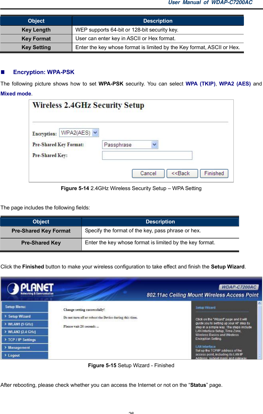 User Manual of WDAP-C7200AC-26-Object DescriptionKey Length WEP supports 64-bit or 128-bit security key.Key Format User can enter key in ASCII or Hex format.Key Setting Enter the key whose format is limited by the Key format, ASCII or Hex.Encryption: WPA-PSKThe following picture shows how to set WPA-PSK security. You can select WPA (TKIP),WPA2 (AES) andMixed mode.Figure 5-14 2.4GHz Wireless Security Setup  WPA SettingThe page includes the following fields:Object DescriptionPre-Shared Key Format Specify the format of the key, pass phrase or hex.Pre-Shared Key Enter the key whose format is limited by the key format.Click the Finished button to make your wireless configuration to take effect and finish the Setup Wizard.Figure 5-15 Setup Wizard - FinishedAfter rebooting, please check whether you can access the Internet or not on the Status page.