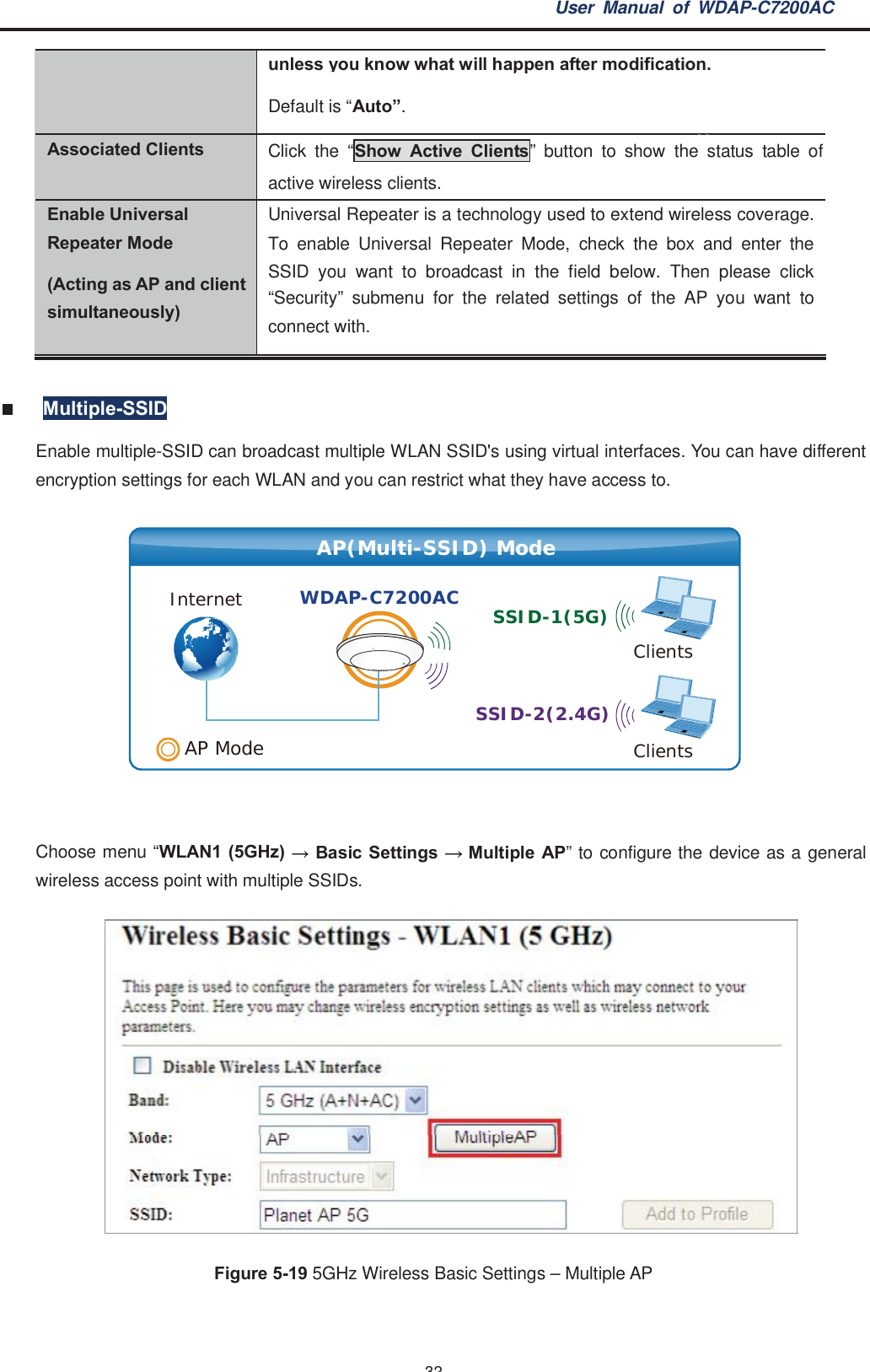 User Manual of WDAP-C7200AC-32-unless you know what will happen after modification.Default is “Auto.Associated Clients Click the “Show Active Clients” button to show the status table ofactive wireless clients.Enable UniversalRepeater Mode(Acting as AP and clientsimultaneously)Universal Repeater is a technology used to extend wireless coverage.To enable Universal Repeater Mode, check the box and enter theSSID you want to broadcast in the field below. Then please click“Security” submenu for the related settings of the AP you want toconnect with.Multiple-SSIDEnable multiple-SSID can broadcast multiple WLAN SSID&apos;s using virtual interfaces. You can have differentencryption settings for each WLAN and you can restrict what they have access to.Choose menu “WLAN1 (5GHz)  Basic Settings  Multiple AP” to configure the device as a generalwireless access point with multiple SSIDs.Figure 5-19 5GHz Wireless Basic Settings – Multiple APAP(Multi-SSID) ModeAP(Multi-SSID) ModeClientsClientsSSID-1(5G)SSID-2(2.4G)Internet WDAP-C7200ACAP Mode