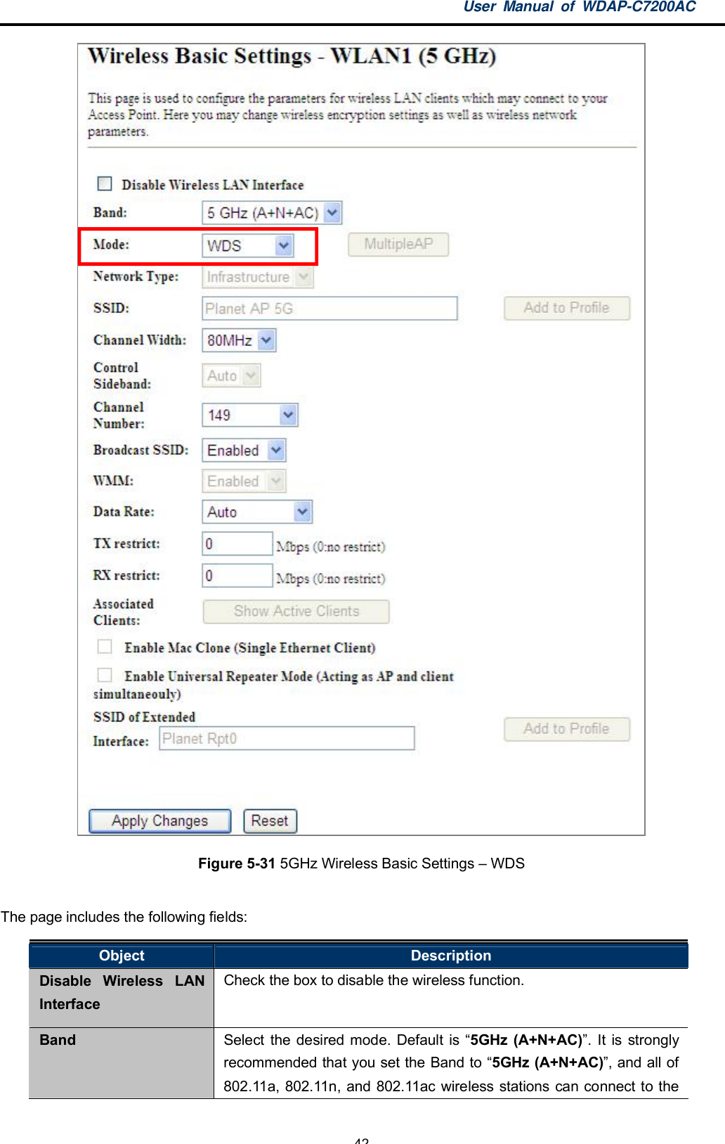 User Manual of WDAP-C7200AC-42-Figure 5-31 5GHz Wireless Basic Settings  WDSThe page includes the following fields:Object DescriptionDisable Wireless LANInterfaceCheck the box to disable the wireless function.Band Select the desired mode. Default is 5GHz (A+N+AC). It is stronglyrecommended that you set the Band to 5GHz (A+N+AC), and all of802.11a, 802.11n, and 802.11ac wireless stations can connect to the