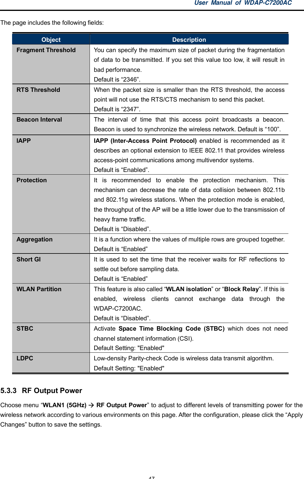 User Manual of WDAP-C7200AC-47-The page includes the following fields:Object DescriptionFragment Threshold You can specify the maximum size of packet during the fragmentationof data to be transmitted. If you set this value too low, it will result inbad performance.Default is 2346.RTS Threshold When the packet size is smaller than the RTS threshold, the accesspoint will not use the RTS/CTS mechanism to send this packet.Default is 2347.Beacon Interval The interval of time that this access point broadcasts a beacon.Beacon is used to synchronize the wireless network. Default is 100.IAPP IAPP (Inter-Access Point Protocol) enabled is recommended as itdescribes an optional extension to IEEE 802.11 that provides wirelessaccess-point communications among multivendor systems.Default is Enabled.Protection It is recommended to enable the protection mechanism. Thismechanism can decrease the rate of data collision between 802.11band 802.11g wireless stations. When the protection mode is enabled,the throughput of the AP will be a little lower due to the transmission ofheavy frame traffic.Default is Disabled.Aggregation It is a function where the values of multiple rows are grouped together.Default is EnabledShort GI It is used to set the time that the receiver waits for RF reflections tosettle out before sampling data.Default is EnabledWLAN Partition This feature is also called WLAN isolation or Block Relay. If this isenabled, wireless clients cannot exchange data through theWDAP-C7200AC.Default is Disabled.STBC Activate Space Time Blocking Code (STBC) which does not needchannel statement information (CSI).Default Setting: &quot;Enabled&quot;LDPC Low-density Parity-check Code is wireless data transmit algorithm.Default Setting: &quot;Enabled&quot;5.3.3  RF Output PowerChoose menu WLAN1 (5GHz)  RF Output Power to adjust to different levels of transmitting power for thewireless network according to various environments on this page. After the configuration, please click the ApplyChanges button to save the settings.