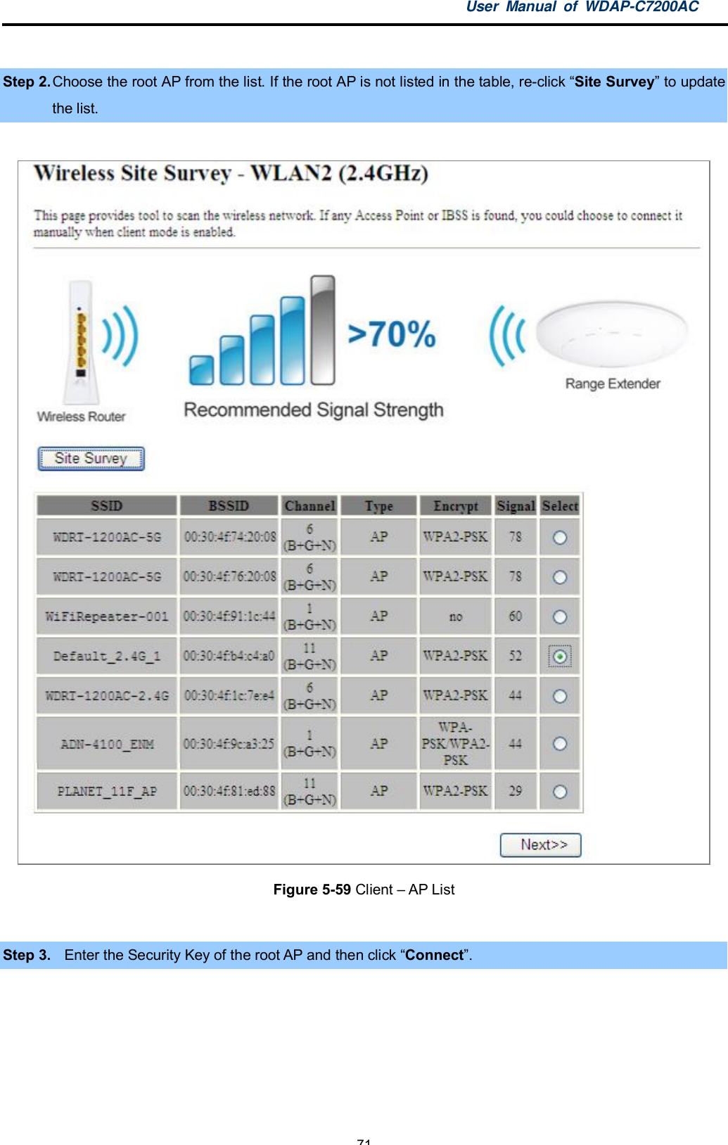 User Manual of WDAP-C7200AC-71-Step 2. Choose the root AP from the list. If the root AP is not listed in the table, re-click Site Survey to updatethe list.Figure 5-59 Client  AP ListStep 3. Enter the Security Key of the root AP and then click Connect.