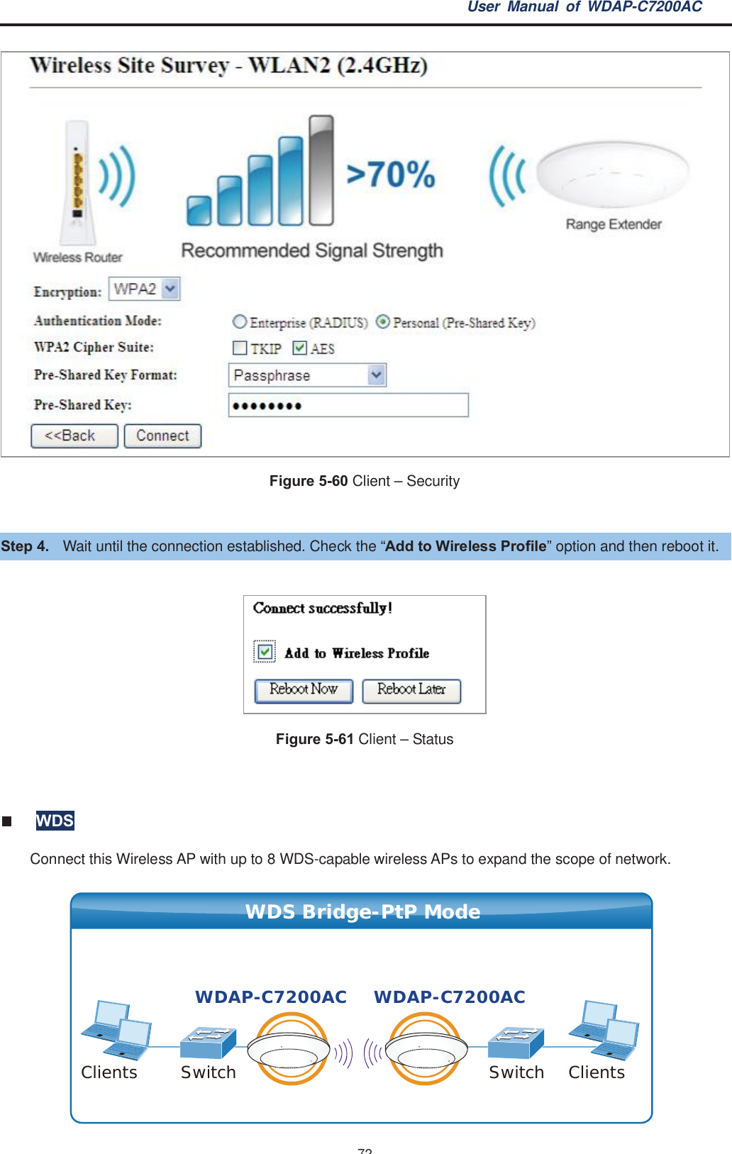 User Manual of WDAP-C7200AC-72-Figure 5-60 Client – SecurityStep 4. Wait until the connection established. Check the “Add to Wireless Profile” option and then reboot it.Figure 5-61 Client – StatusWDSConnect this Wireless AP with up to 8 WDS-capable wireless APs to expand the scope of network.Clients ClientsSwitch SwitchWDAP-C7200AC WDAP-C7200ACWDS Bridge-PtP Mode