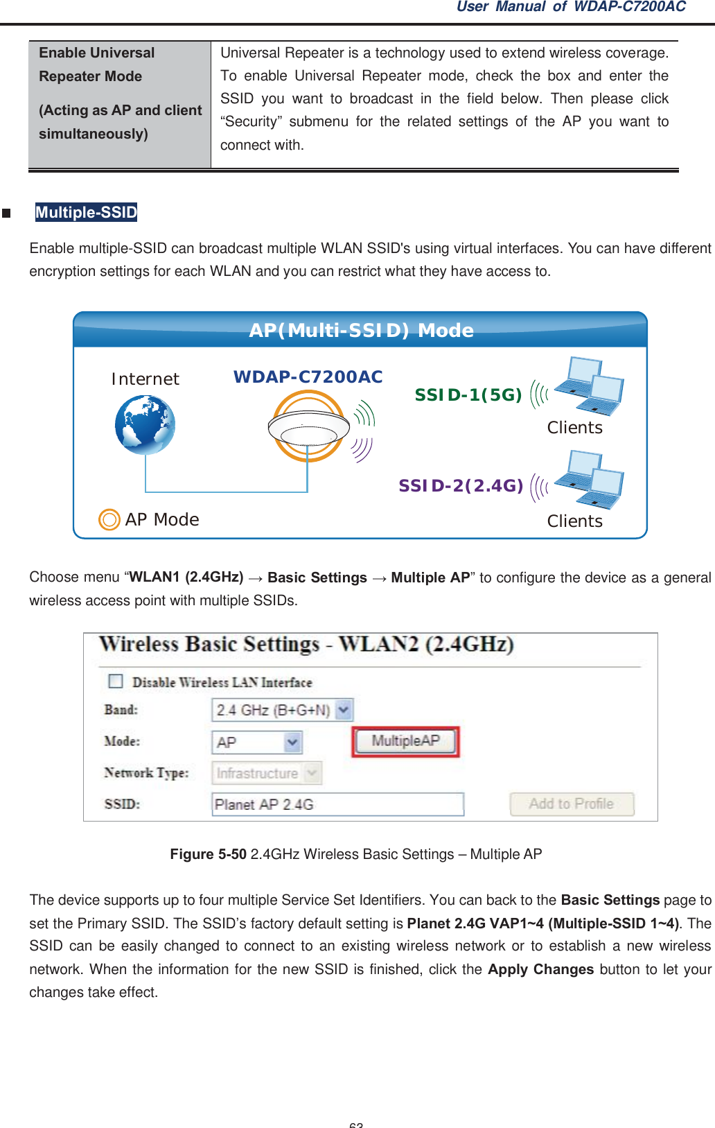 User Manual of WDAP-C7200AC-63-Enable UniversalRepeater Mode(Acting as AP and clientsimultaneously)Universal Repeater is a technology used to extend wireless coverage.To enable Universal Repeater mode, check the box and enter theSSID you want to broadcast in the field below. Then please click“Security” submenu for the related settings of the AP you want toconnect with.Multiple-SSIDEnable multiple-SSID can broadcast multiple WLAN SSID&apos;s using virtual interfaces. You can have differentencryption settings for each WLAN and you can restrict what they have access to.Choose menu “WLAN1 (2.4GHz)  Basic Settings  Multiple AP” to configure the device as a generalwireless access point with multiple SSIDs.Figure 5-50 2.4GHz Wireless Basic Settings – Multiple APThe device supports up to four multiple Service Set Identifiers. You can back to the Basic Settings page toset the Primary SSID. The SSID’s factory default setting is Planet 2.4G VAP1~4 (Multiple-SSID 1~4). TheSSID can be easily changed to connect to an existing wireless network or to establish a new wirelessnetwork. When the information for the new SSID is finished, click the Apply Changes button to let yourchanges take effect.AP(Multi-SSID) ModeClientsClientsSSID-1(5G)SSID-2(2.4G)Internet WDAP-C7200ACAP Mode