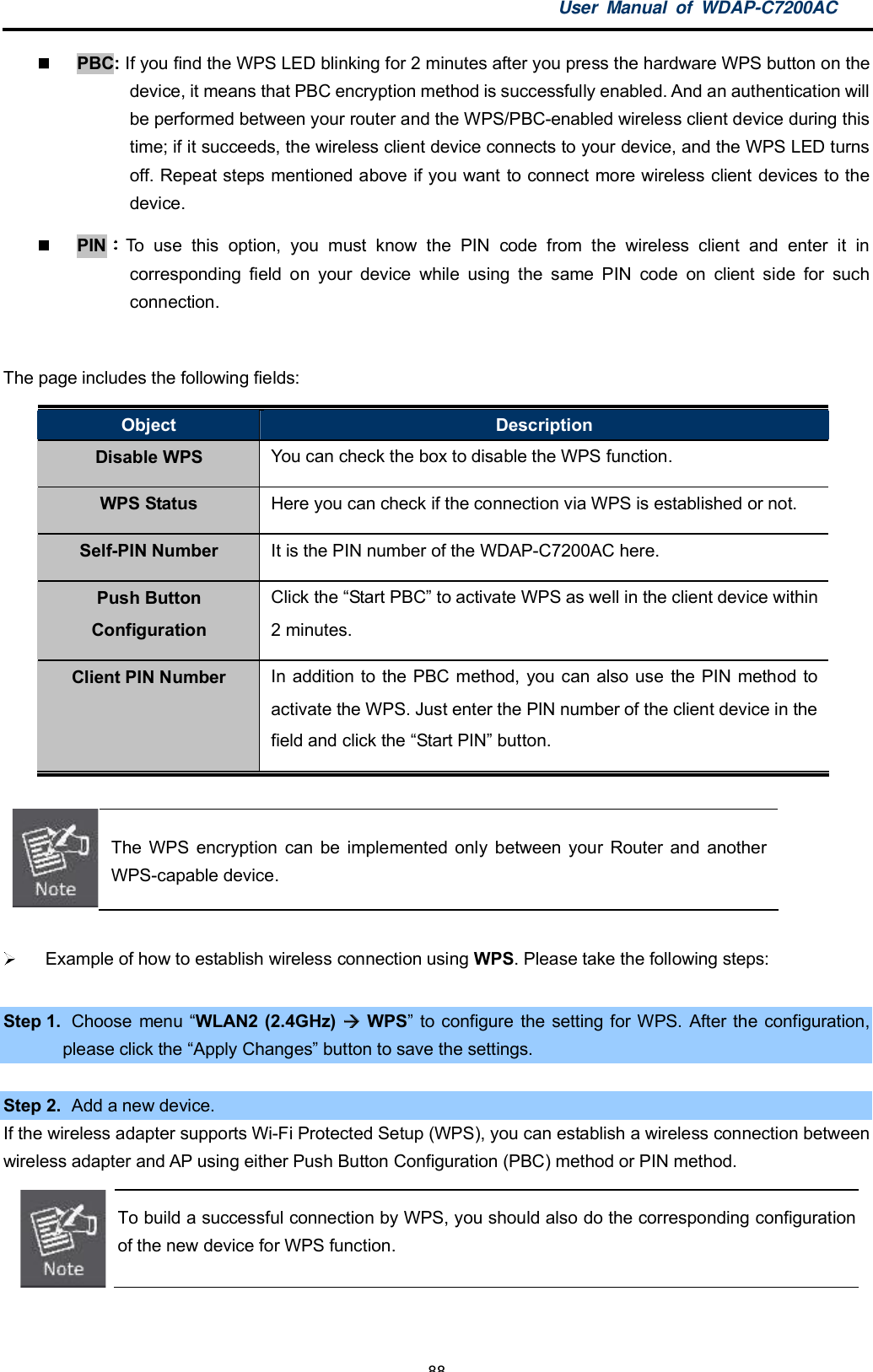 User Manual of WDAP-C7200AC-88-PBC: If you find the WPS LED blinking for 2 minutes after you press the hardware WPS button on thedevice, it means that PBC encryption method is successfully enabled. And an authentication willbe performed between your router and the WPS/PBC-enabled wireless client device during thistime; if it succeeds, the wireless client device connects to your device, and the WPS LED turnsoff. Repeat steps mentioned above if you want to connect more wireless client devices to thedevice.PIN To use this option, you must know the PIN code from the wireless client and enter it incorresponding field on your device while using the same PIN code on client side for suchconnection.The page includes the following fields:Object DescriptionDisable WPS You can check the box to disable the WPS function.WPS Status Here you can check if the connection via WPS is established or not.Self-PIN Number It is the PIN number of the WDAP-C7200AC here.Push ButtonConfigurationClick the Start PBC to activate WPS as well in the client device within2 minutes.Client PIN Number In addition to the PBC method, you can also use the PIN method toactivate the WPS. Just enter the PIN number of the client device in thefield and click the Start PIN button.The WPS encryption can be implemented only between your Router and anotherWPS-capable device.  Example of how to establish wireless connection using WPS. Please take the following steps:Step 1. Choose menu WLAN2 (2.4GHz)  WPS to configure the setting for WPS. After the configuration,please click the Apply Changes button to save the settings.Step 2.   Add a new device.If the wireless adapter supports Wi-Fi Protected Setup (WPS), you can establish a wireless connection betweenwireless adapter and AP using either Push Button Configuration (PBC) method or PIN method.To build a successful connection by WPS, you should also do the corresponding configurationof the new device for WPS function.