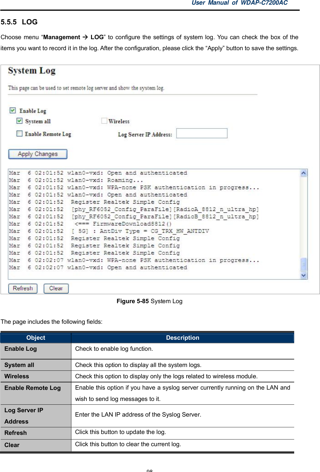 User Manual of WDAP-C7200AC-98-5.5.5 LOGChoose menu Management  LOG to configure the settings of system log. You can check the box of theitems you want to record it in the log. After the configuration, please click the Apply button to save the settings.Figure 5-85 System LogThe page includes the following fields:Object DescriptionEnable Log Check to enable log function.System all Check this option to display all the system logs.Wireless Check this option to display only the logs related to wireless module.Enable Remote Log Enable this option if you have a syslog server currently running on the LAN andwish to send log messages to it.Log Server IPAddressEnter the LAN IP address of the Syslog Server.Refresh Click this button to update the log.Clear Click this button to clear the current log.