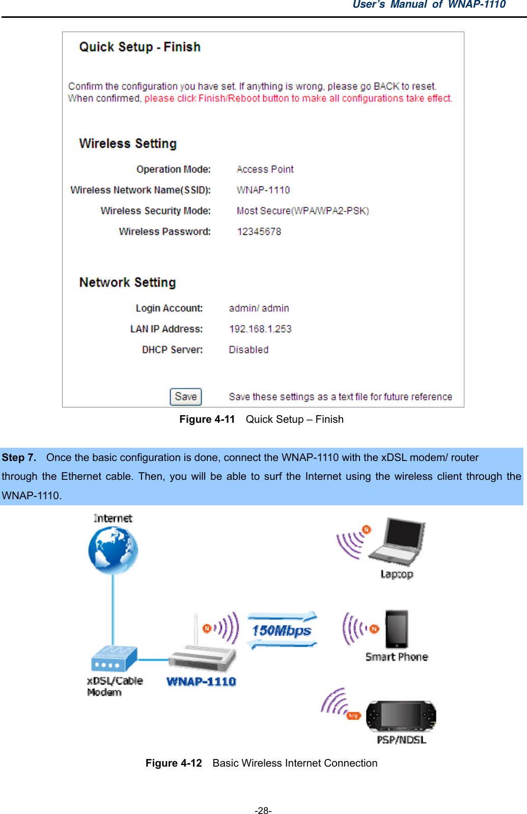 User’s Manual of WNAP-1110  -28-  Figure 4-11    Quick Setup – Finish  Step 7.  Once the basic configuration is done, connect the WNAP-1110 with the xDSL modem/ router through the Ethernet cable. Then, you will be able to surf the Internet using the wireless client through the WNAP-1110.  Figure 4-12    Basic Wireless Internet Connection   